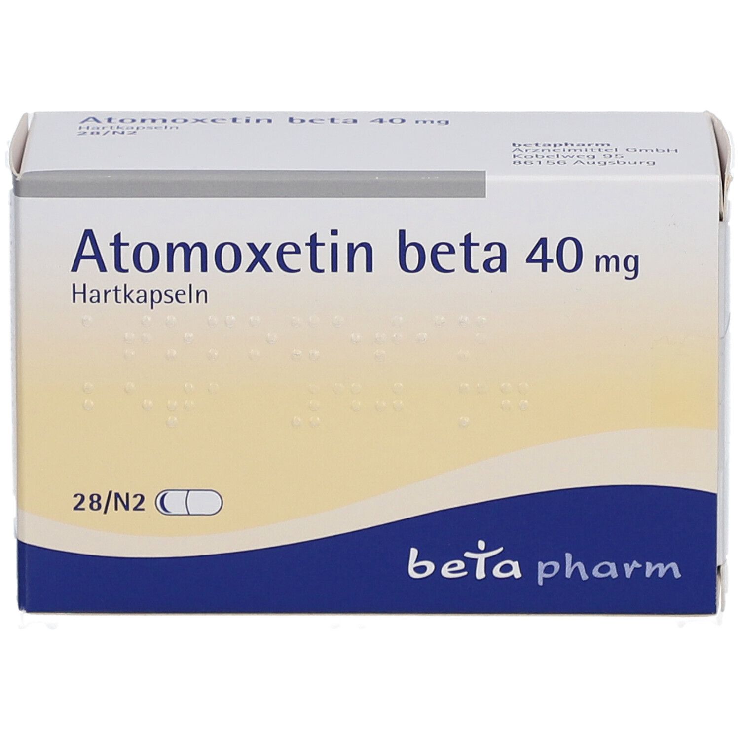 Atomoxetin beta 40 mg-Packung. 28 Hartkapseln. Marke: beta pharm.