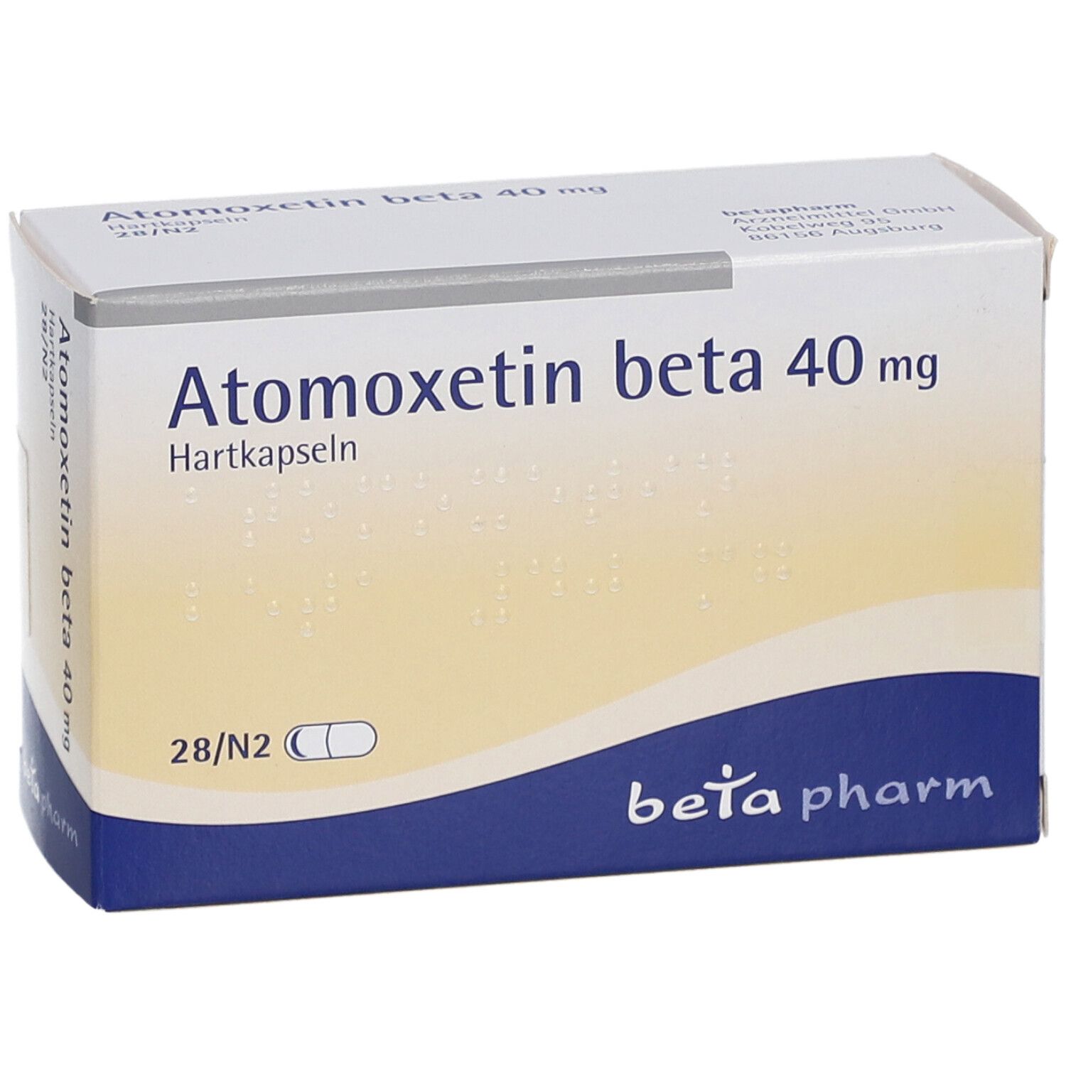 Atomoxetin beta 40 mg-Packung. 28 Hartkapseln. Marke: beta pharm.