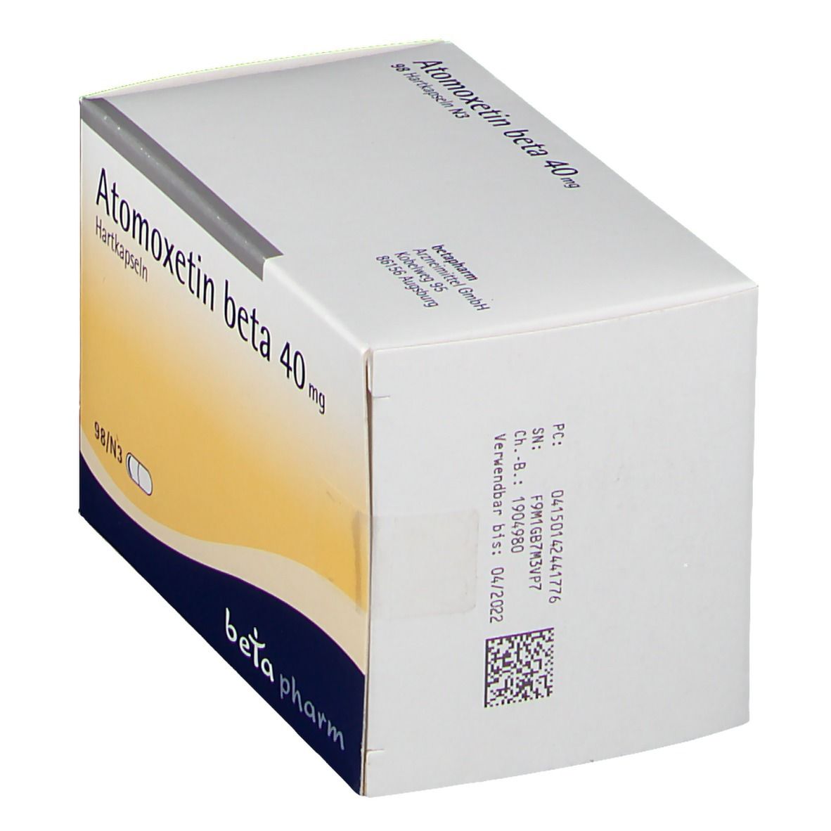 Atomoxetin beta 40 mg-Verpackung. Weißer Karton mit gelbem Farbverlauf. Beschriftung: "Atomoxetin beta 40 mg", "Hartkapseln".