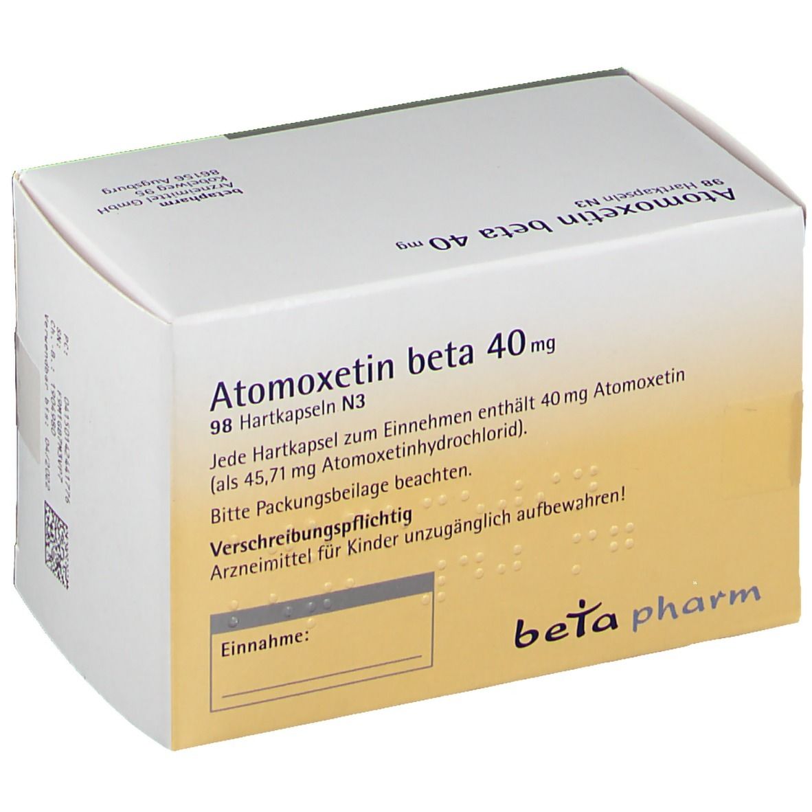 Atomoxetin beta 40 mg-Verpackung. Weißer Karton mit gelbem Farbverlauf. Beschriftung: "Atomoxetin beta 40 mg", "Hartkapseln".