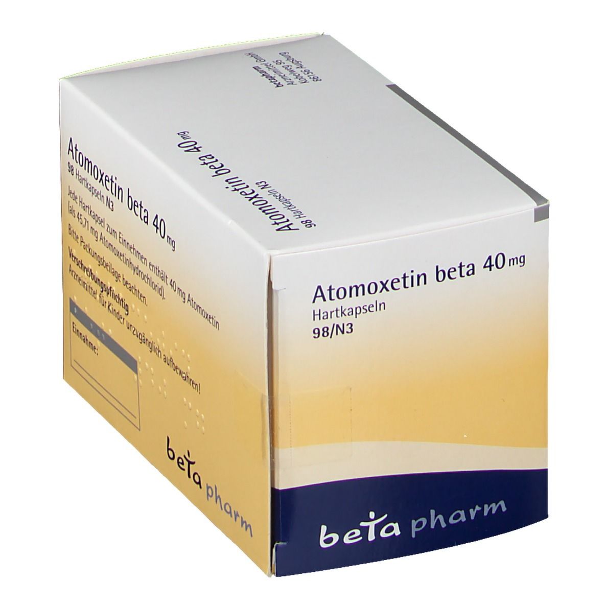 Atomoxetin beta 40 mg-Verpackung. Weißer Karton mit gelbem Farbverlauf. Beschriftung: "Atomoxetin beta 40 mg", "Hartkapseln".