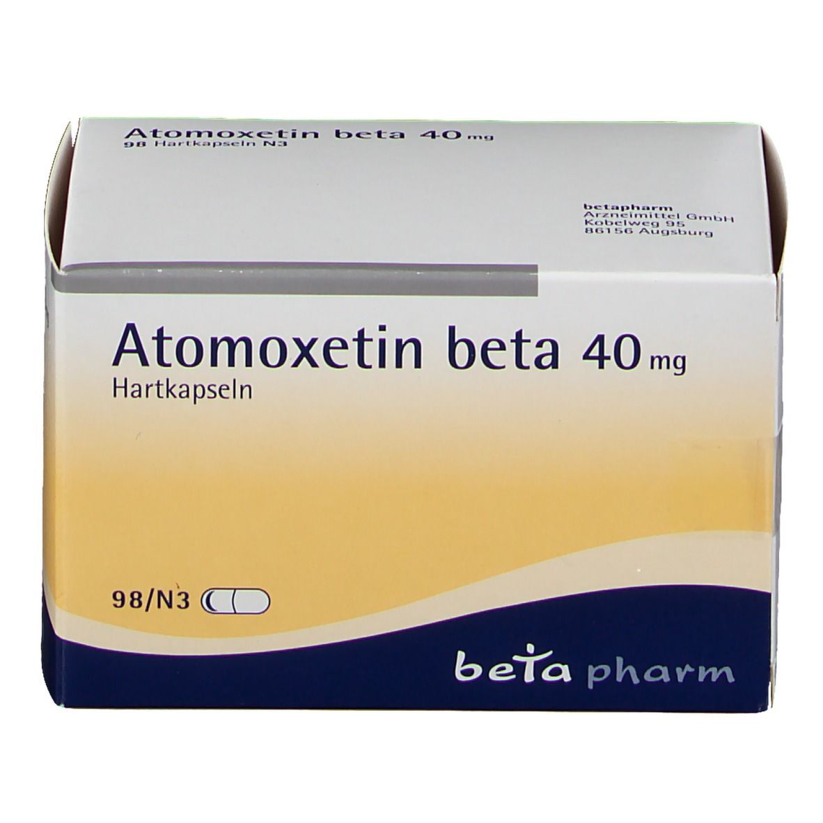 Atomoxetin beta 40 mg-Verpackung. Weißer Karton mit gelbem Farbverlauf. Beschriftung: "Atomoxetin beta 40 mg", "Hartkapseln".