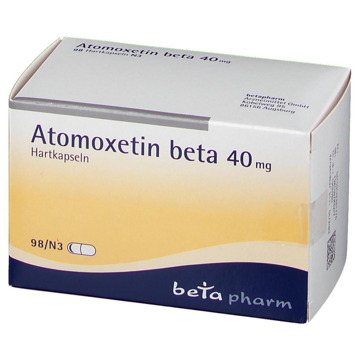 Atomoxetin beta 40 mg-Verpackung. Weißer Karton mit gelbem Farbverlauf. Beschriftung: "Atomoxetin beta 40 mg", "Hartkapseln".