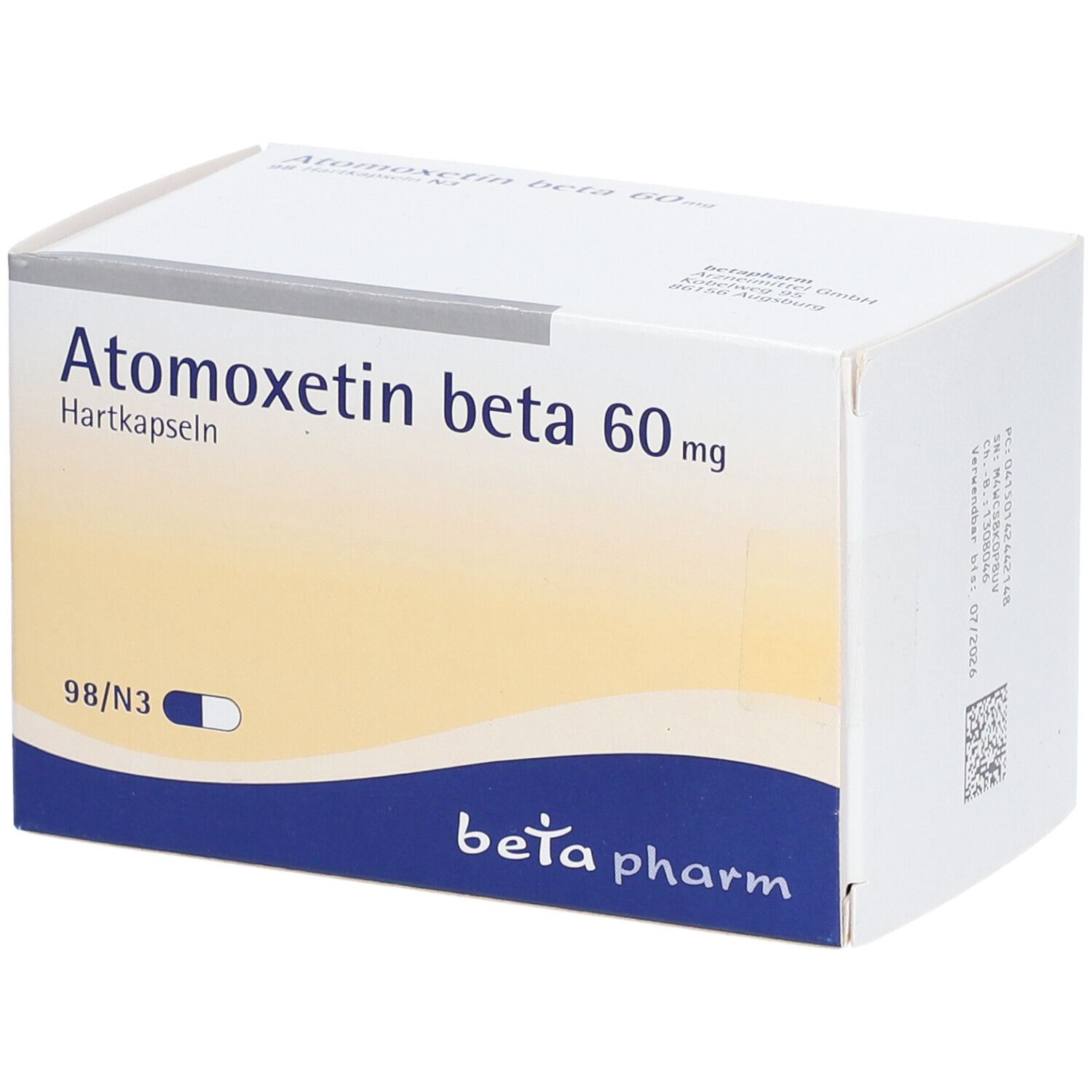 Atomoxetin beta 60 mg-Packung. Weißer Karton mit blauer Welle und Produktinformationen. Marke: beta pharm.