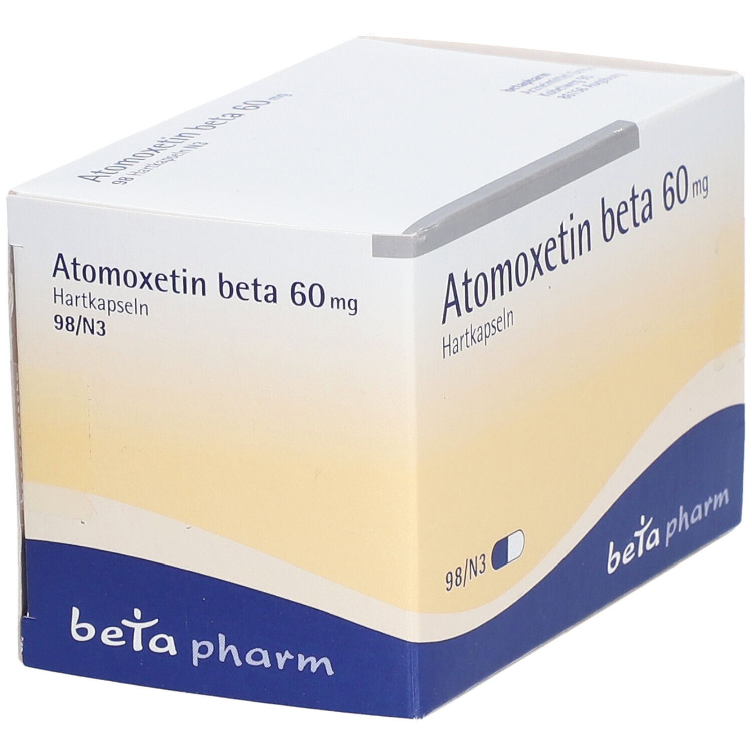 Atomoxetin beta 60 mg-Packung. Weißer Karton mit blauer Welle und Produktinformationen. Marke: beta pharm.