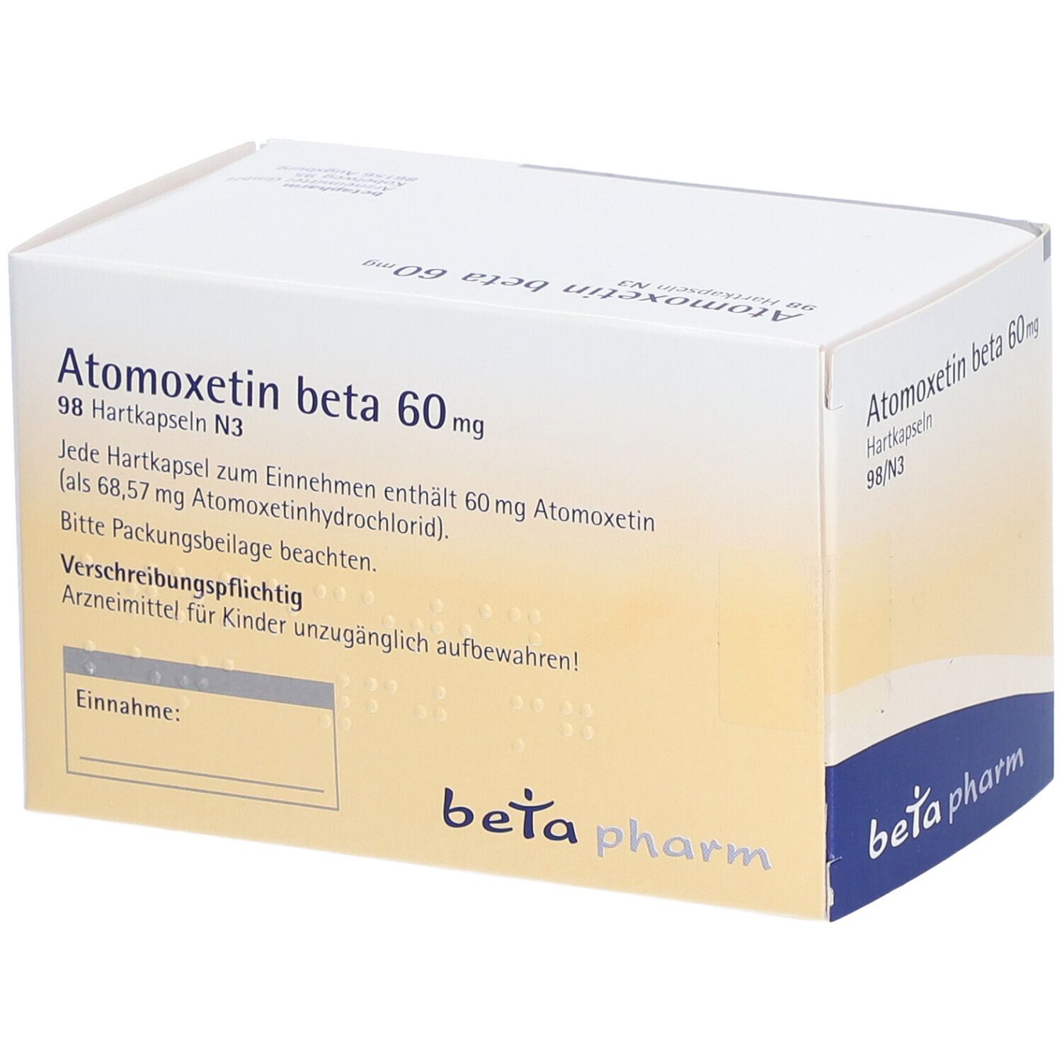 Atomoxetin beta 60 mg-Packung. Weißer Karton mit Produktinformationen. Marke: beta pharm. Text auf Deutsch.