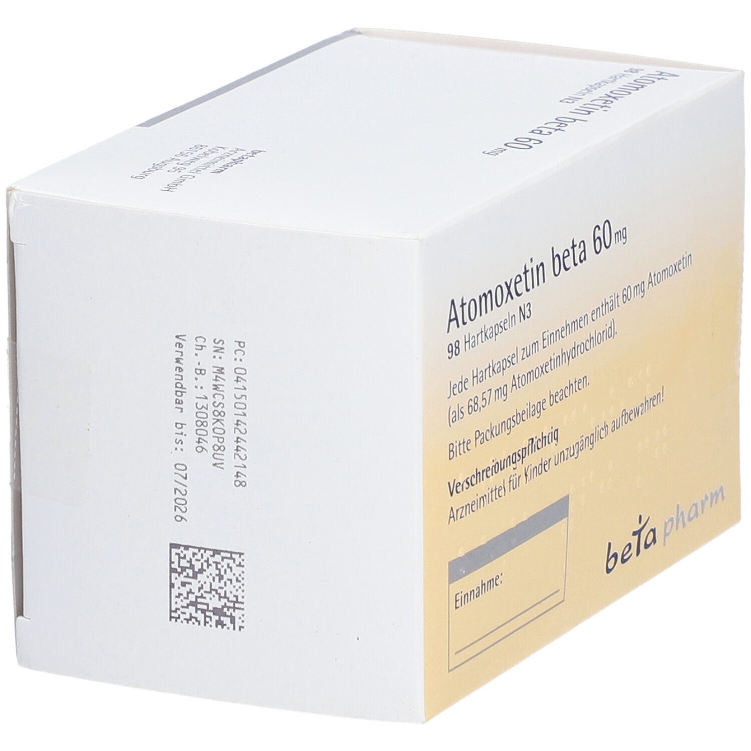 Atomoxetin beta 60 mg-Packung. Weißer Karton mit Produktinformationen. Marke: beta pharm. Text auf Deutsch.