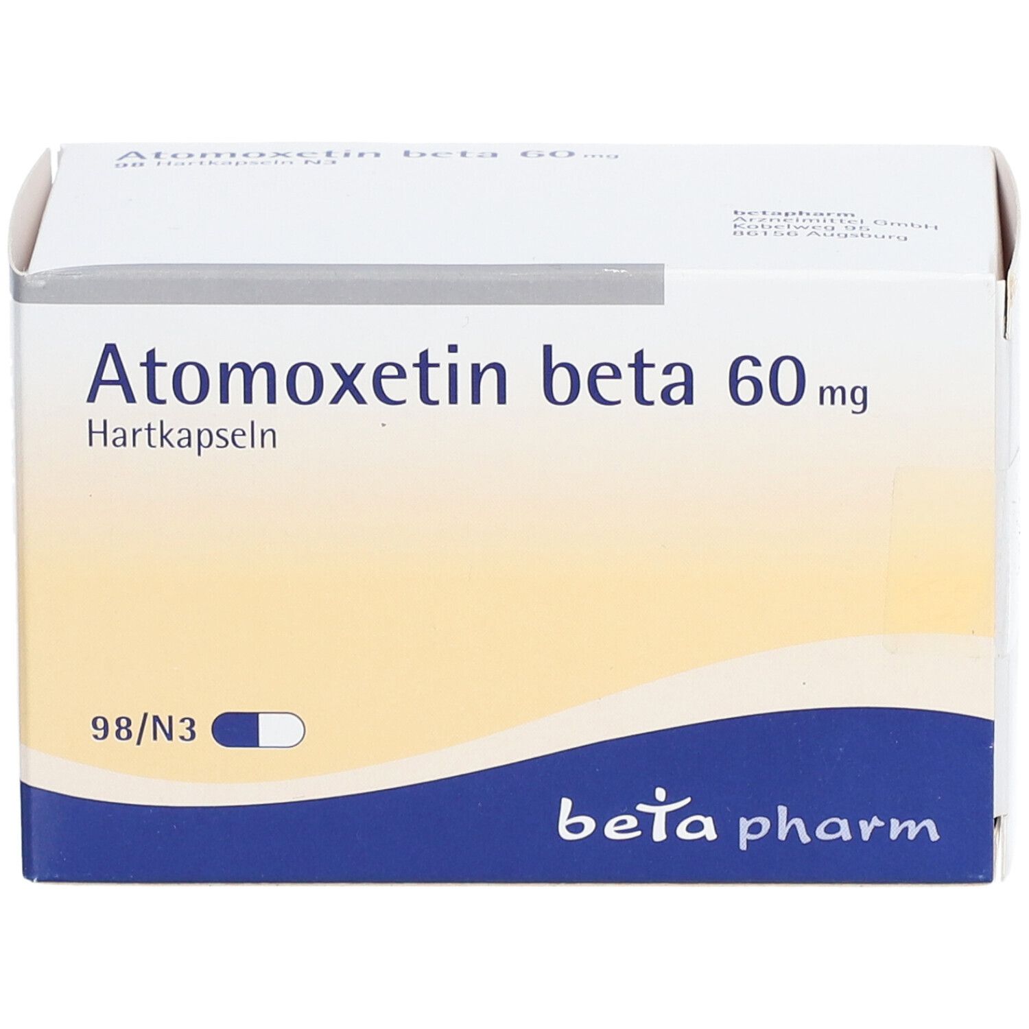 Atomoxetin beta 60 mg-Packung. Weißer Karton mit blauer Welle und Produktinformationen. Marke: beta pharm.