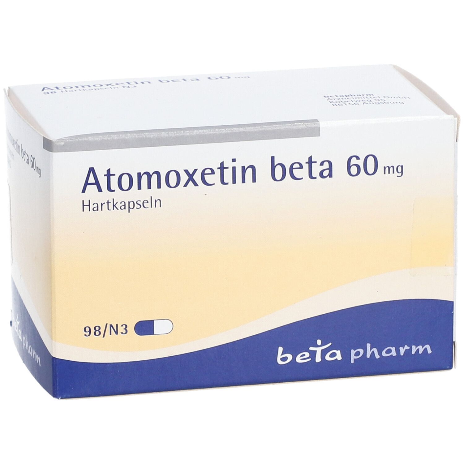Atomoxetin beta 60 mg-Packung. Weißer Karton mit blauer Welle und Produktinformationen. Marke: beta pharm.