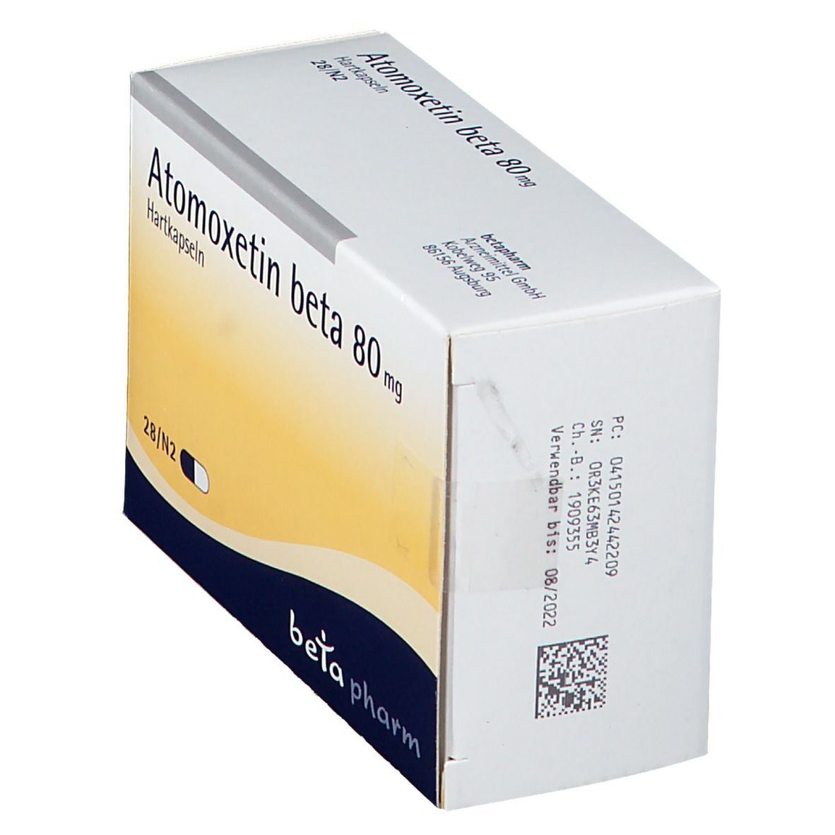 Weiße Faltschachtel mit Atomoxetin beta 80 mg. Rückseite mit Informationen und Barcode. Logo beta pharm.