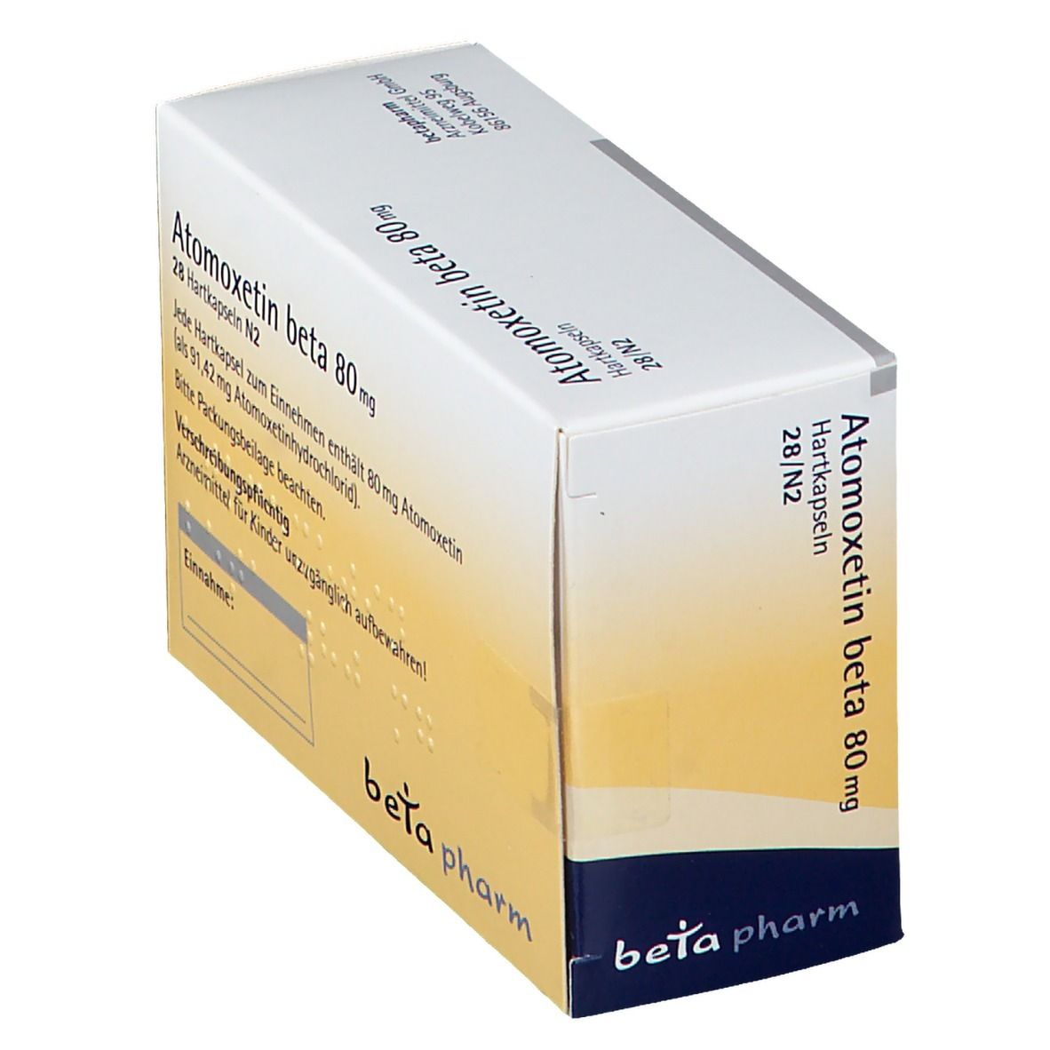 Faltschachtel mit Atomoxetin beta 80 mg. Text in Deutsch. Logo beta pharm. 28 Hartkapseln. Warnhinweis.