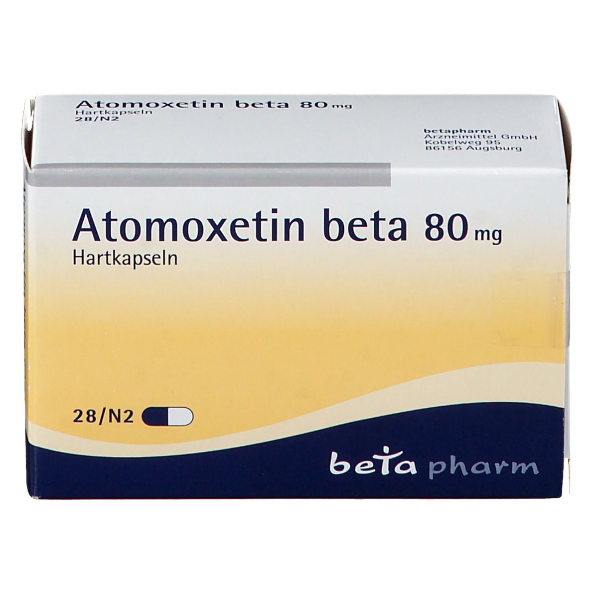 Weiße Faltschachtel mit Atomoxetin beta 80 mg. Schriftzug und Logo von beta pharm. 28 Hartkapseln.