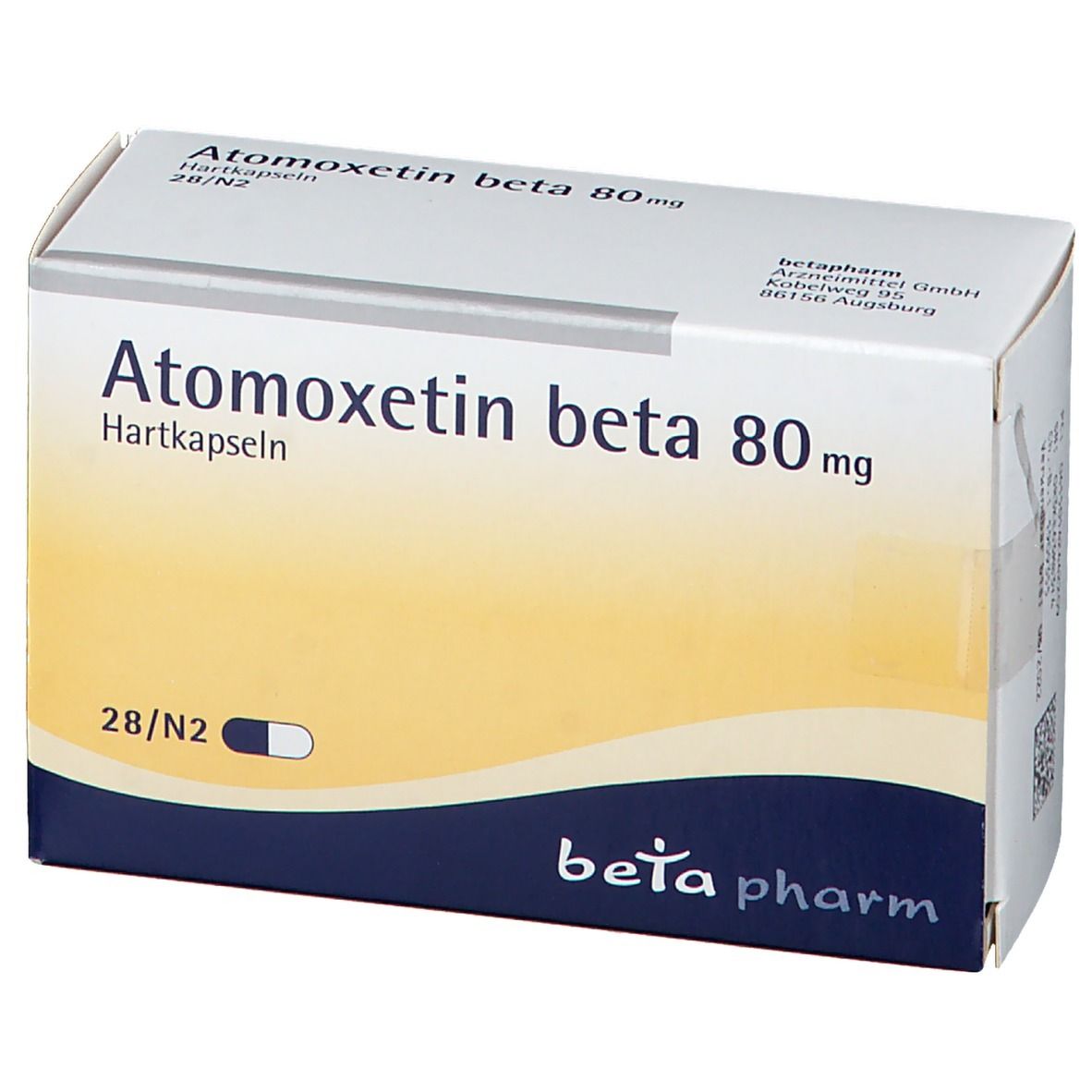 Weiße Faltschachtel mit Atomoxetin beta 80 mg. Schriftzug und Logo von beta pharm. 28 Hartkapseln.