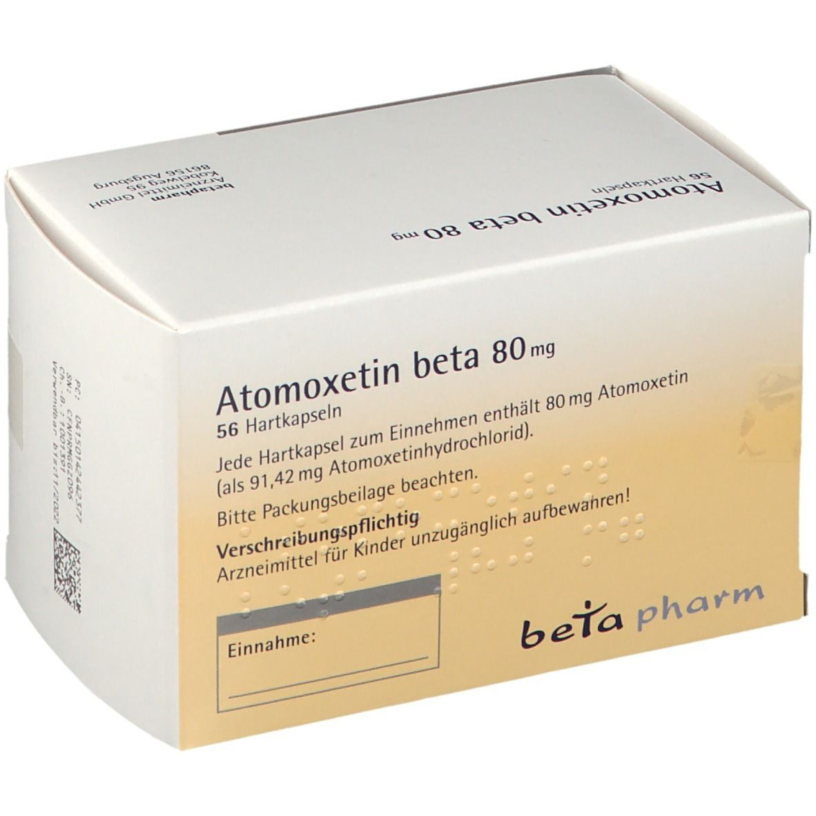 Atomoxetin beta 80 mg Verpackung. Weißer Karton mit Text. Beta pharm Logo. 56 Hartkapseln. Detailinformationen.