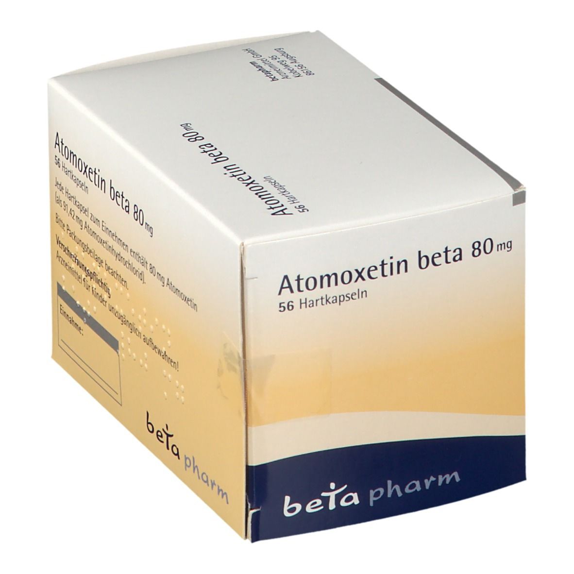Atomoxetin beta 80 mg Verpackung. Weißer Karton mit Text. Beta pharm Logo. 56 Hartkapseln. Detailansicht.