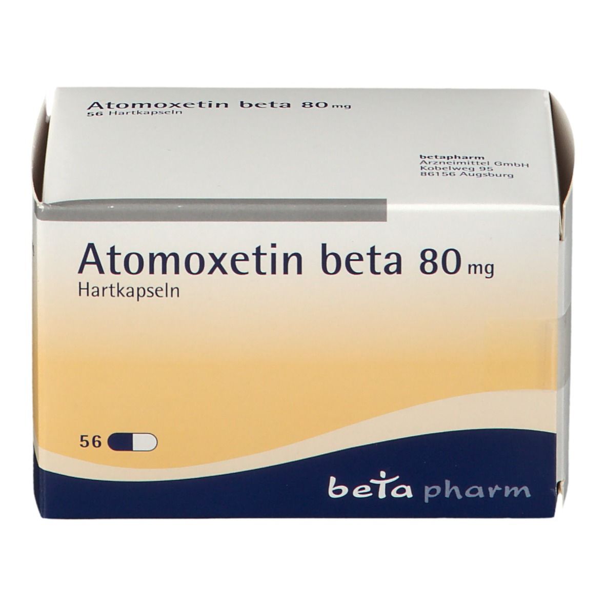 Atomoxetin beta 80 mg, 56 Hartkapseln, Verpackung. Weißer Karton mit blauer Basis, gelber Farbverlauf. Beta pharm Logo.