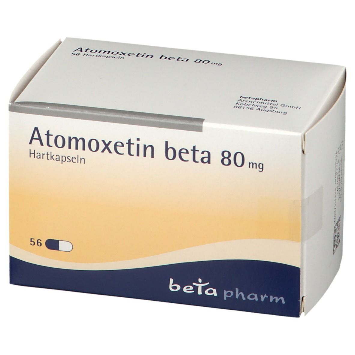 Atomoxetin beta 80 mg, 56 Hartkapseln, Verpackung. Weißer Karton mit blauer Basis, gelber Farbverlauf. Beta pharm Logo.