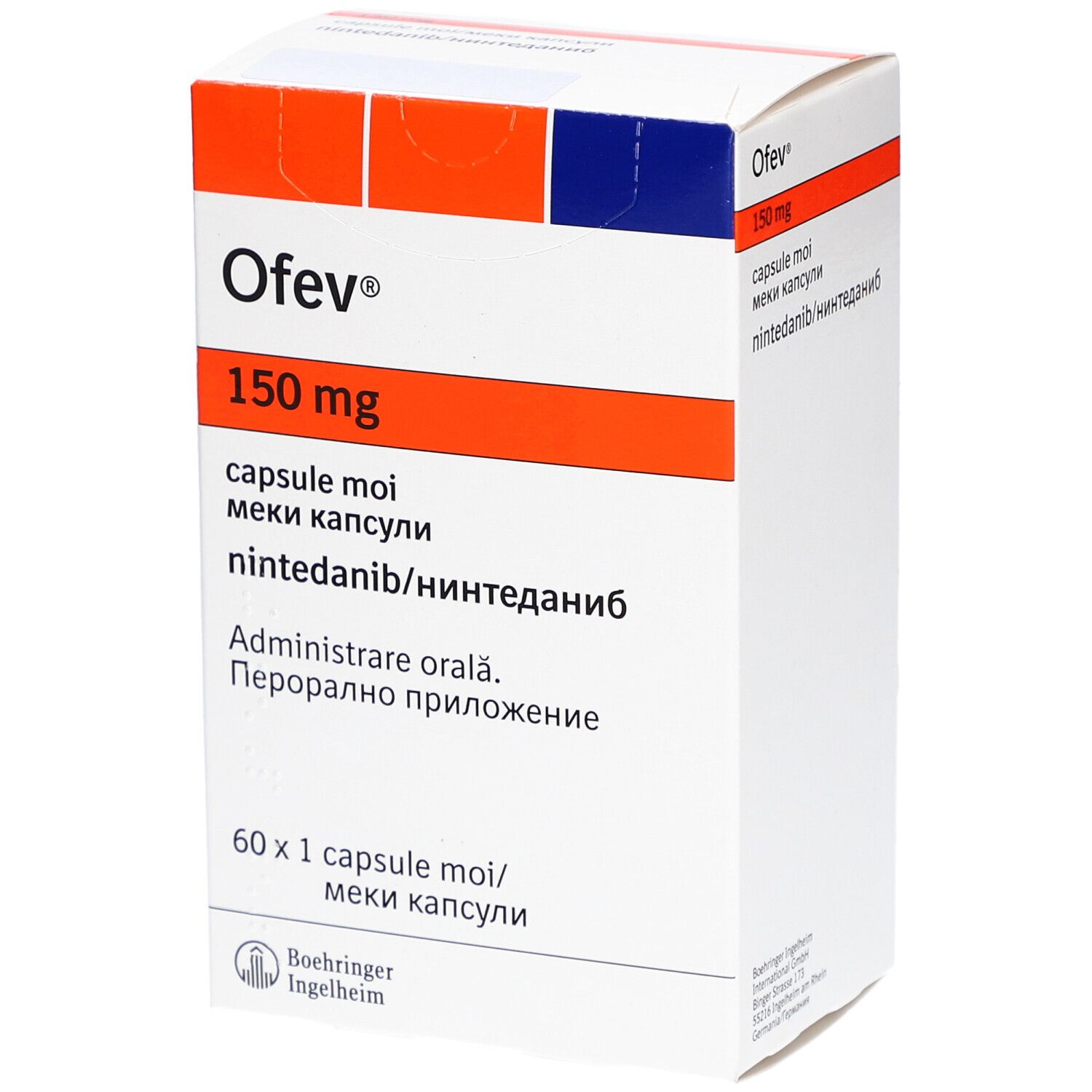 Ofev 150 mg Weichkapseln-Packung. Weiße Schachtel mit orangefarbenen und blauen Akzenten. Text: Ofev, 150 mg, capsule moi.