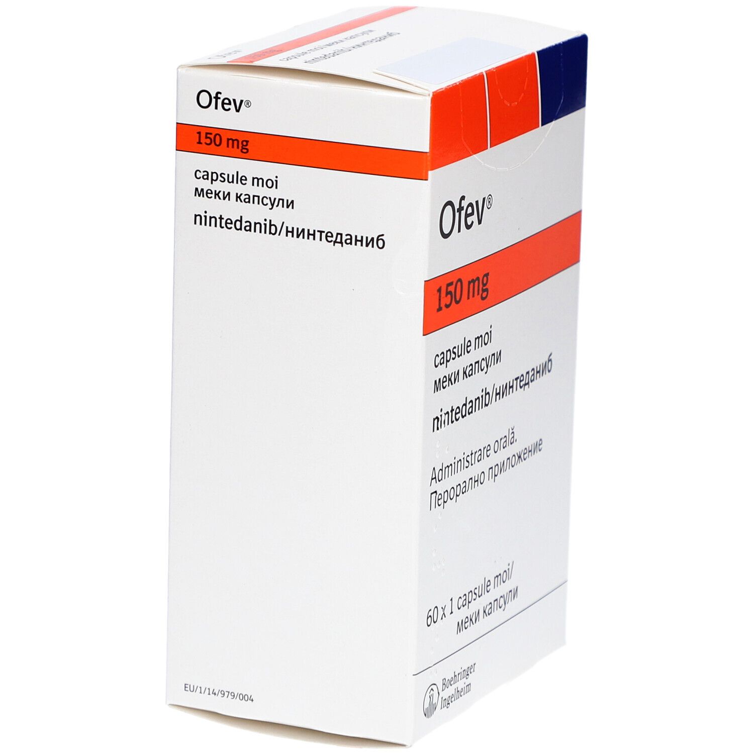 Ofev 150 mg Weichkapseln-Packung. Weiße Schachtel mit orangefarbenen und blauen Akzenten. Text: Ofev, 150 mg, capsule moi.