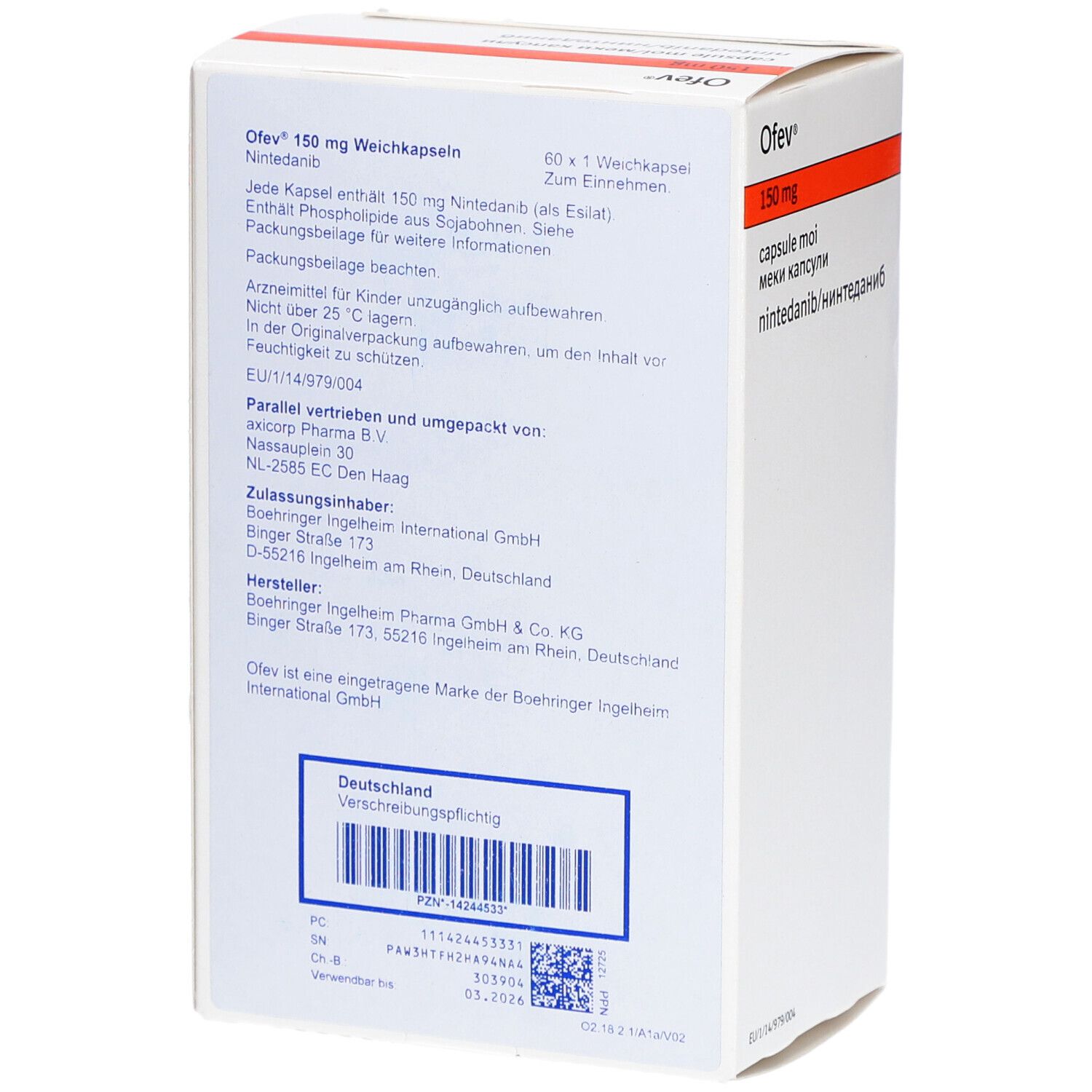 Rückseite der Ofev 150 mg Weichkapseln-Packung. Text: Ofev, 150 mg Weichkapseln, Nintedanib. Hersteller: Boehringer Ingelheim.