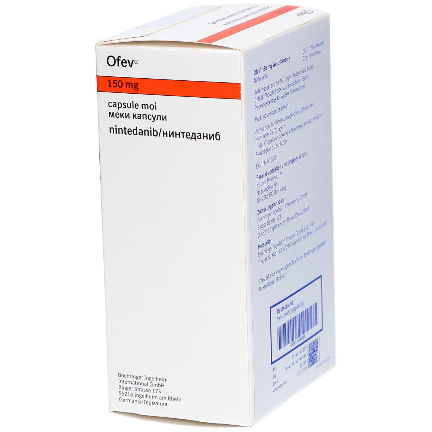 Ofev 150 mg Weichkapseln-Packung. Weiße Schachtel mit orangefarbenen und blauen Akzenten. Text: Ofev, 150 mg, capsule moi.