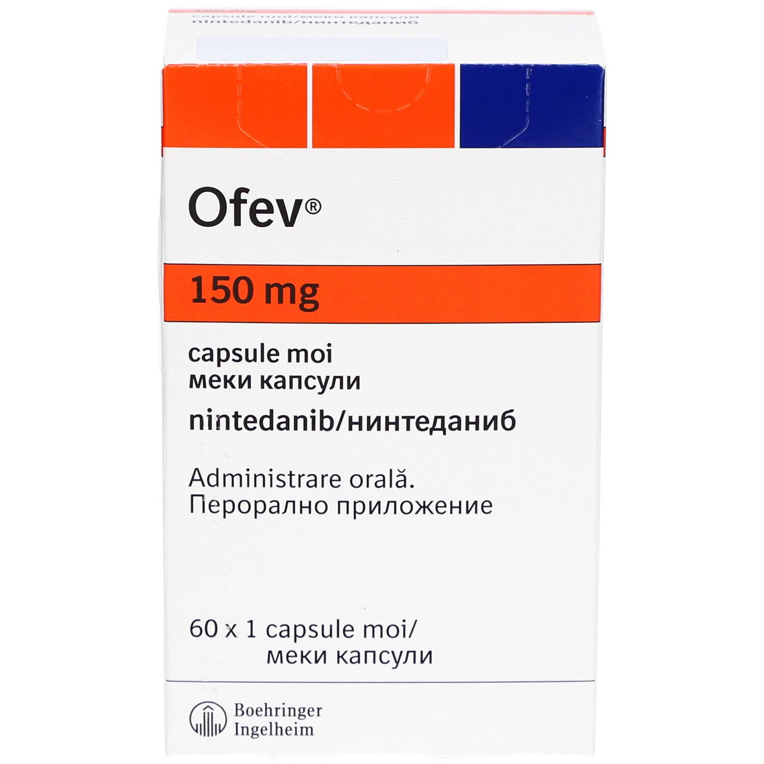 Ofev 150 mg Weichkapseln-Packung. Weiße Schachtel mit orangefarbenen und blauen Akzenten. Text: Ofev, 150 mg, capsule moi.
