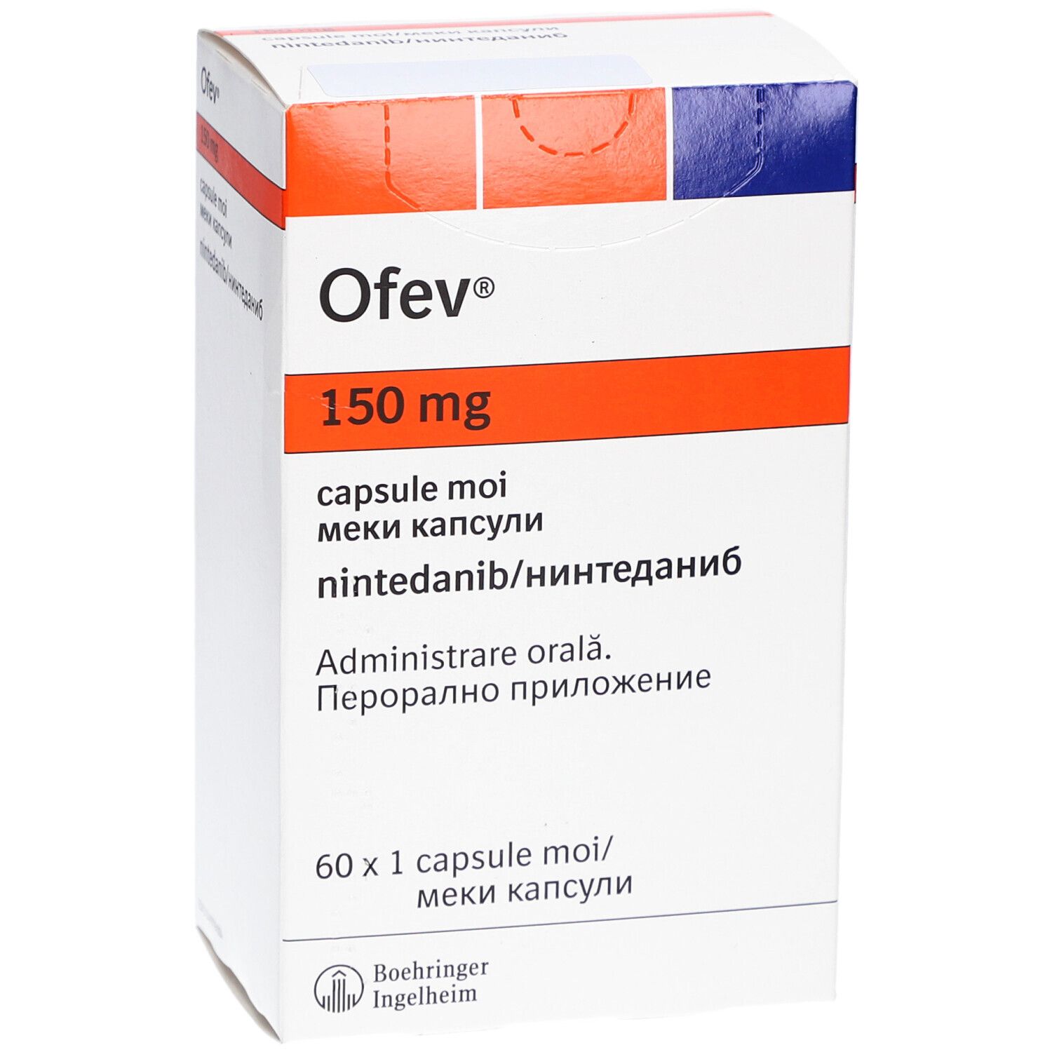 Ofev 150 mg Weichkapseln-Packung. Weiße Schachtel mit orangefarbenen und blauen Akzenten. Text: Ofev, 150 mg, capsule moi.