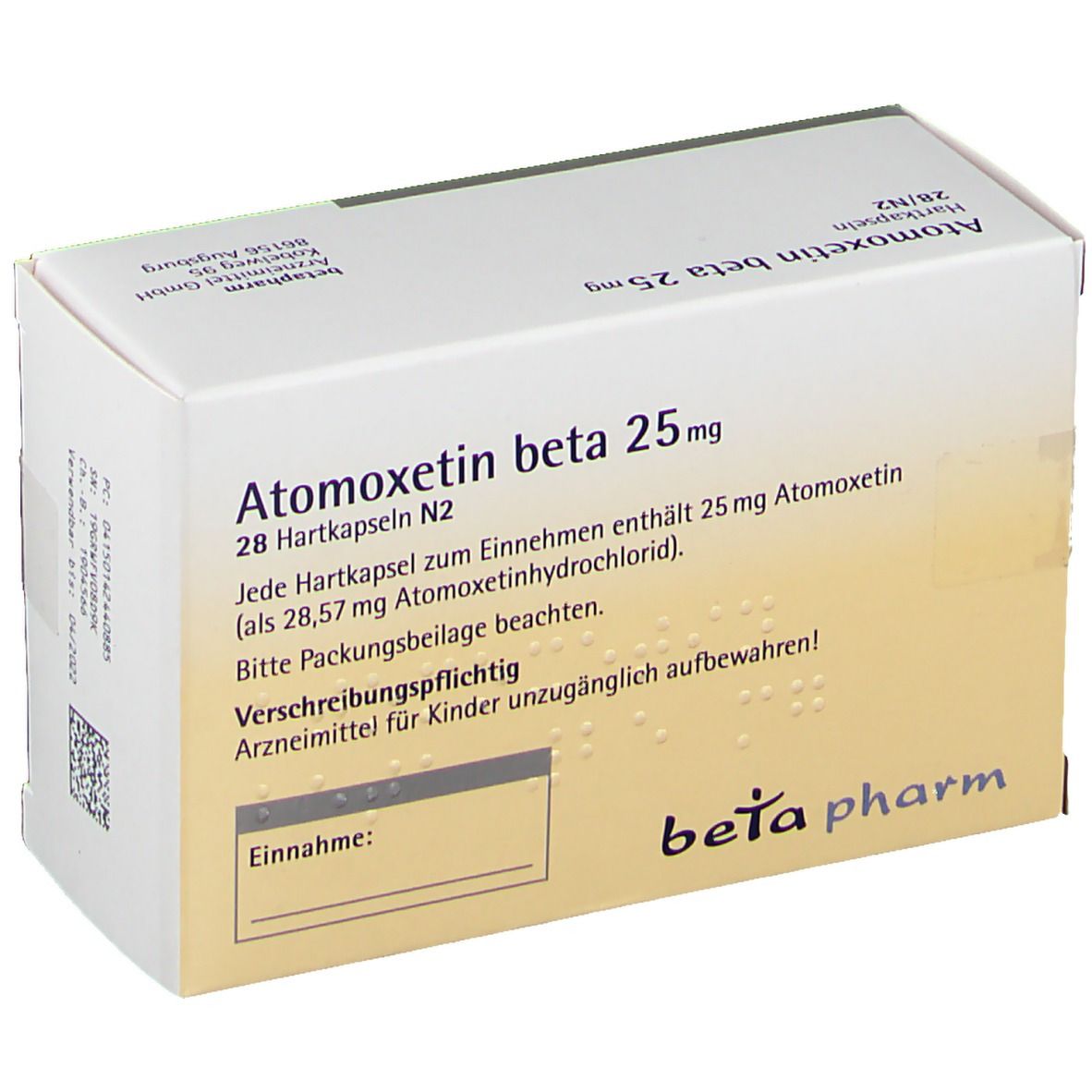 Schachtel Atomoxetin beta 25 mg. Aufschrift: 28/N2. Enthält 25 mg Atomoxetin. Marke: beta pharm.