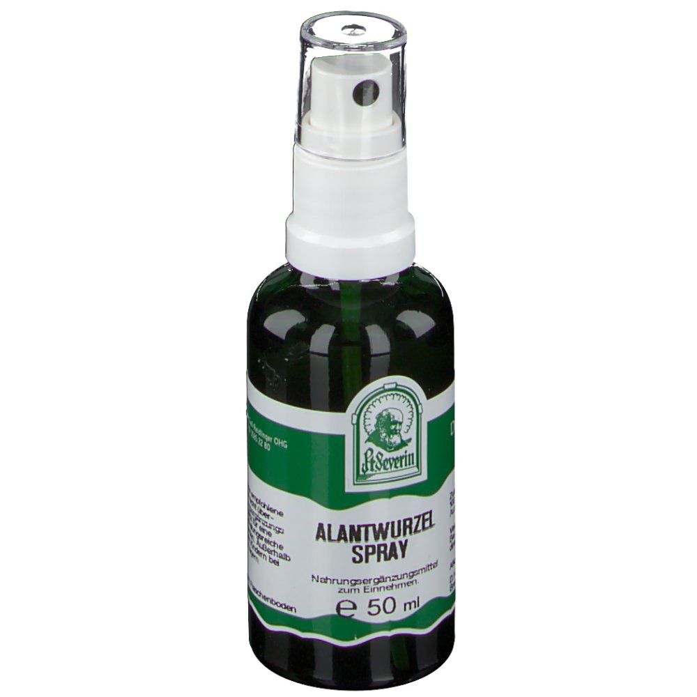 Grüne Sprühflasche mit weißem Sprühkopf. Beschriftung: St. Severin Alantwurzel Spray, e 50 ml.