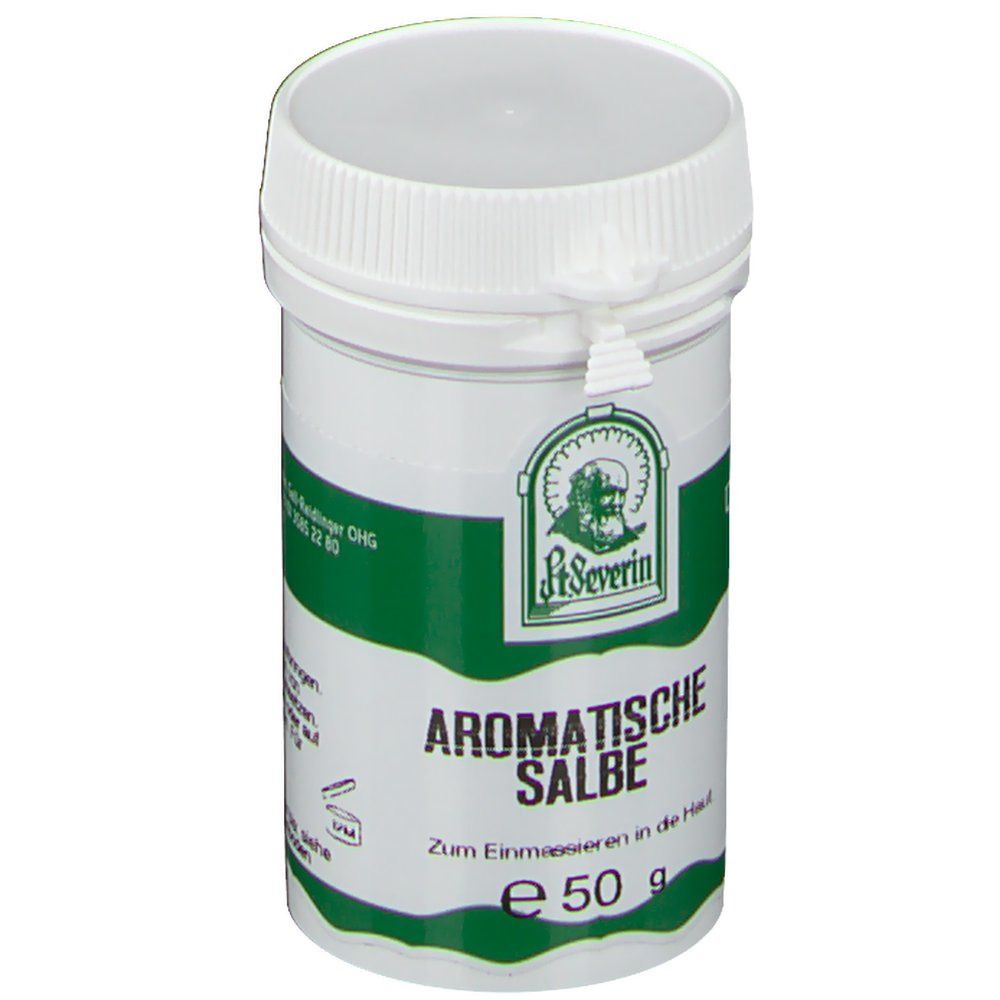 Weiß-grüne Dose mit Deckel. Aufschrift: Aromatische Salbe, St. Severin Logo, 50 g.