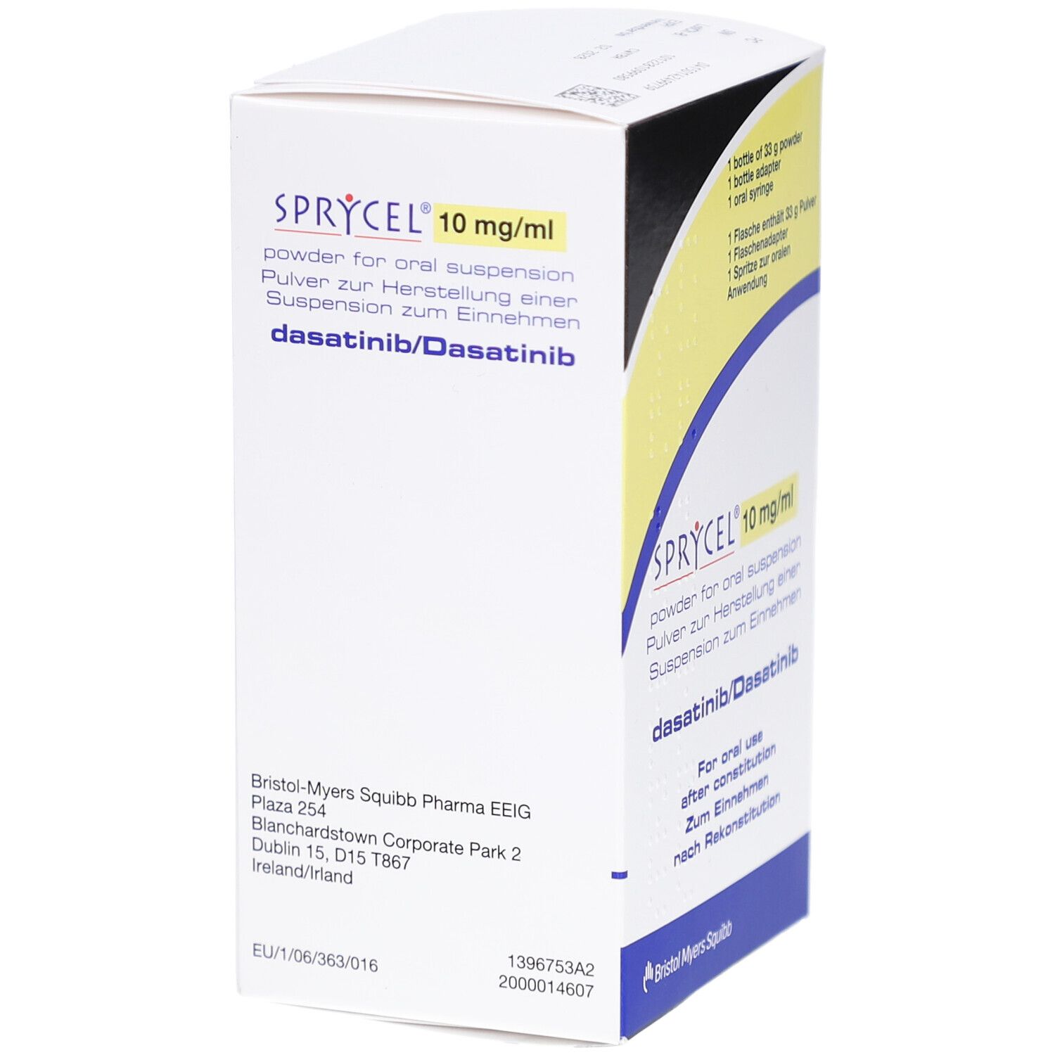 SPRYCEL 10 mg/ml, Pulver zur Herstellung einer Suspension. Enthält dasatinib. Verpackung mit gelbem und blauem Design.