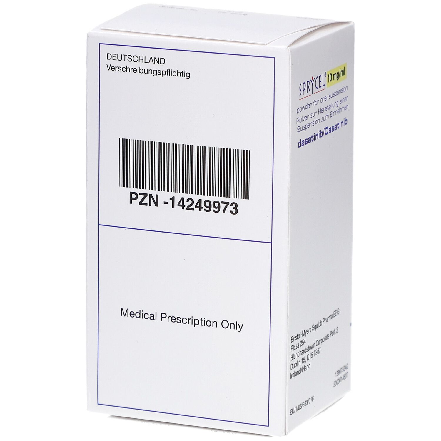 Verpackung von SPRYCEL 10 mg/ml. Enthält dasatinib. Rückseite mit Barcode und PZN-Nummer. „Medical Prescription Only“.