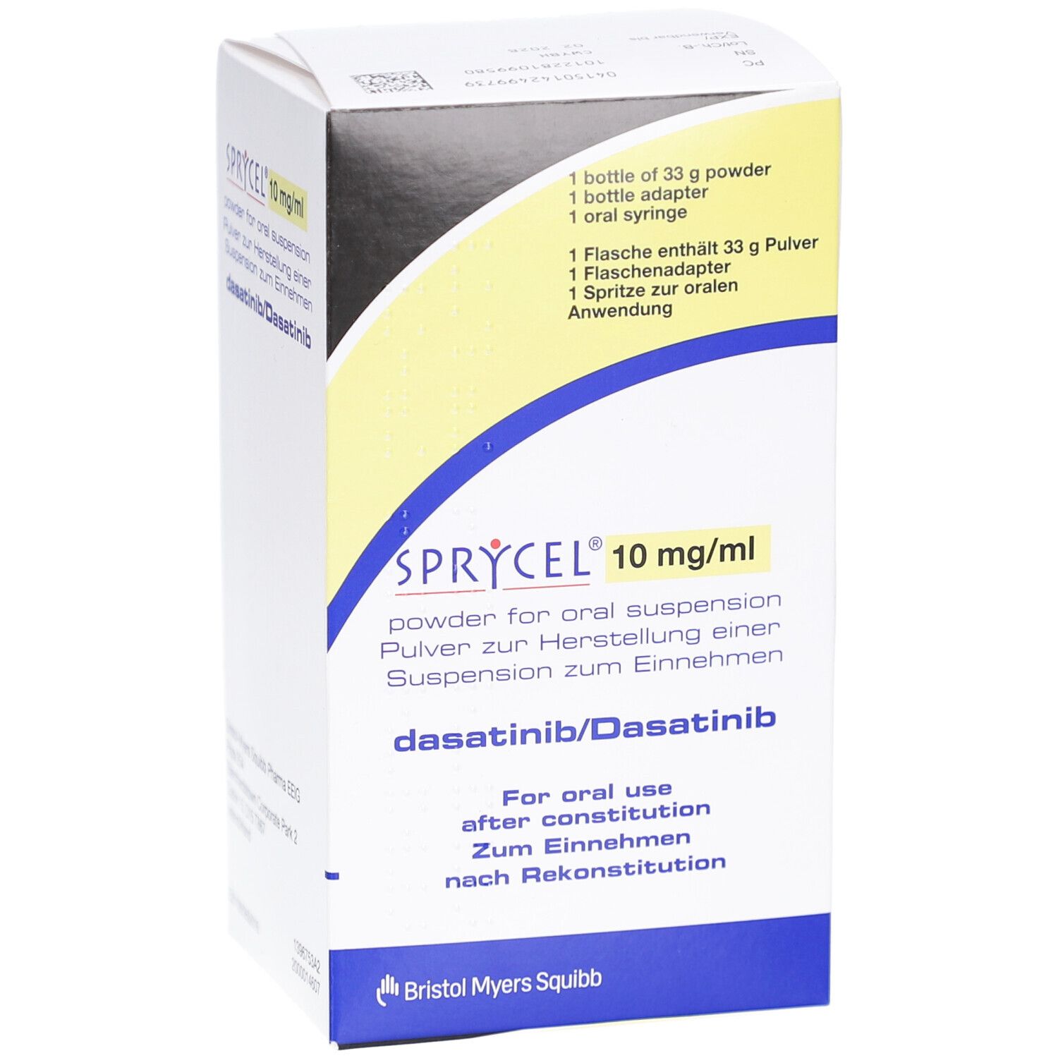 SPRYCEL 10 mg/ml, Pulver zur Herstellung einer Suspension. Enthält dasatinib. Verpackung mit gelbem Design.