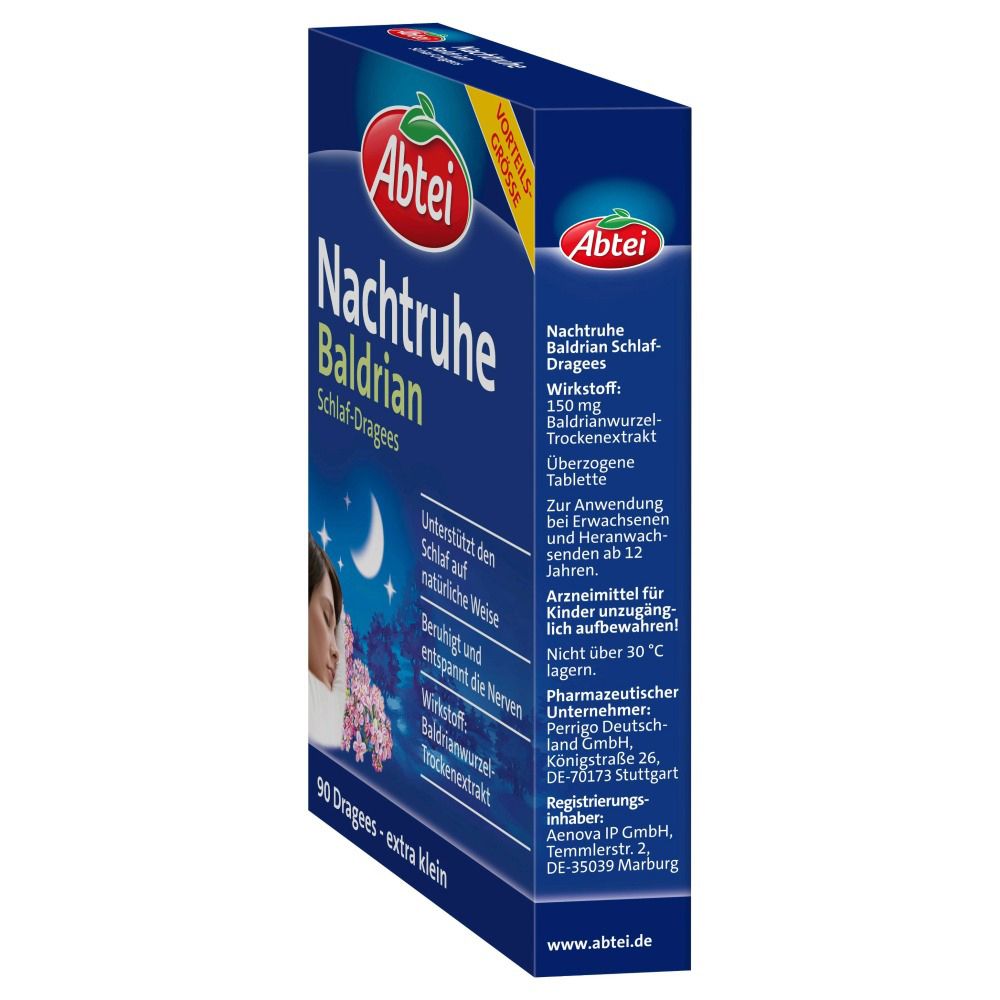 Schachtel mit Produktnamen und Logo. Enthält 90 Dragees. Frau schläft, Mond und Sterne. Seitenansicht.