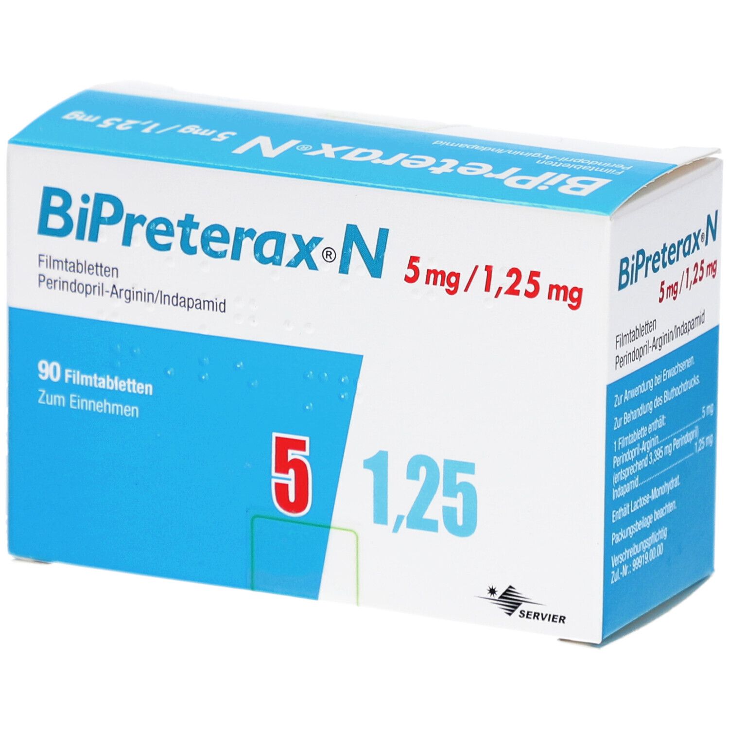 Schachtel mit BiPreterax N 5 mg/1,25 mg Filmtabletten. Blaue und weiße Verpackung mit Produktnamen und Dosierung.