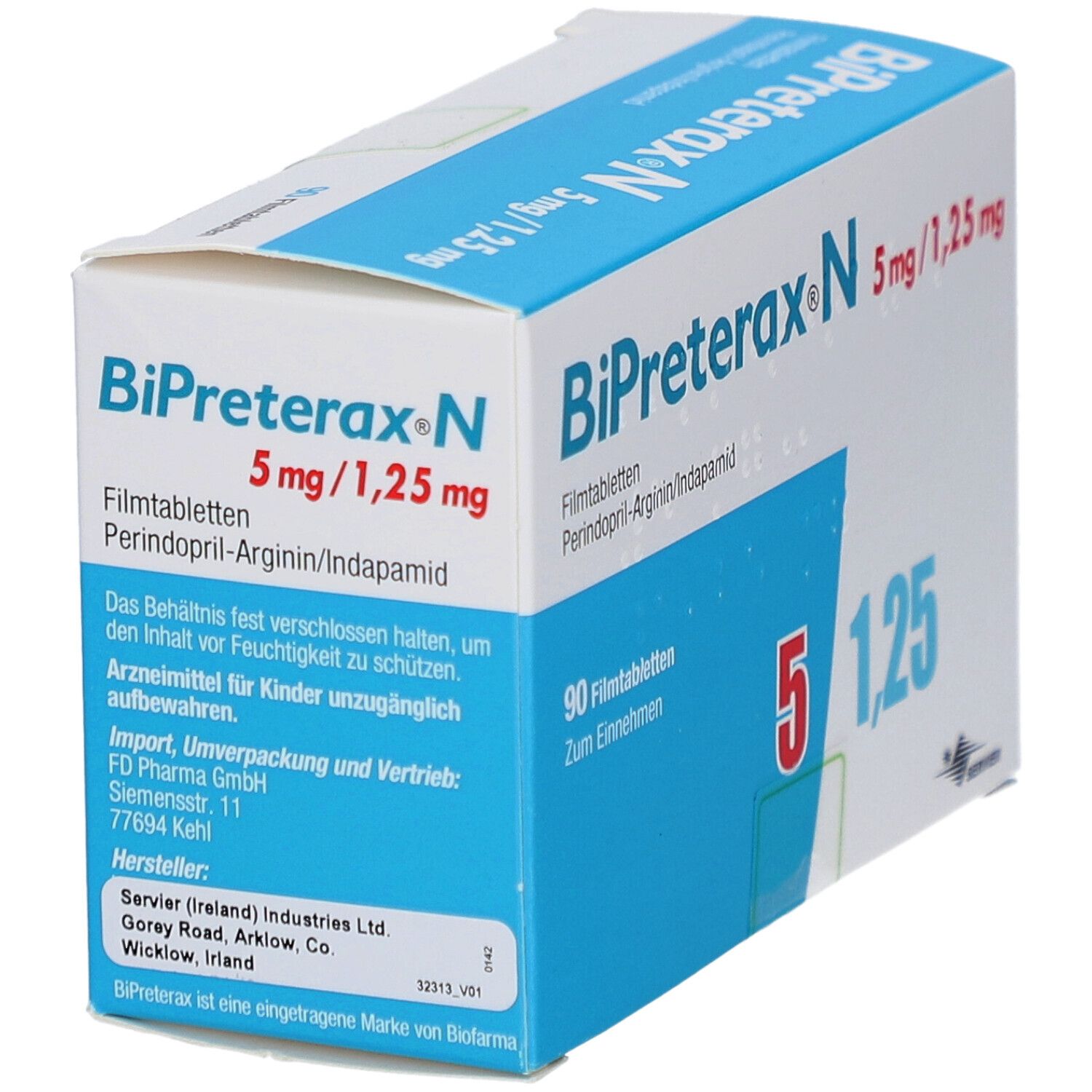 Schachtel BiPreterax N 5 mg/1,25 mg. Blaue und weiße Verpackung mit Produktinformationen und Herstellerangaben.