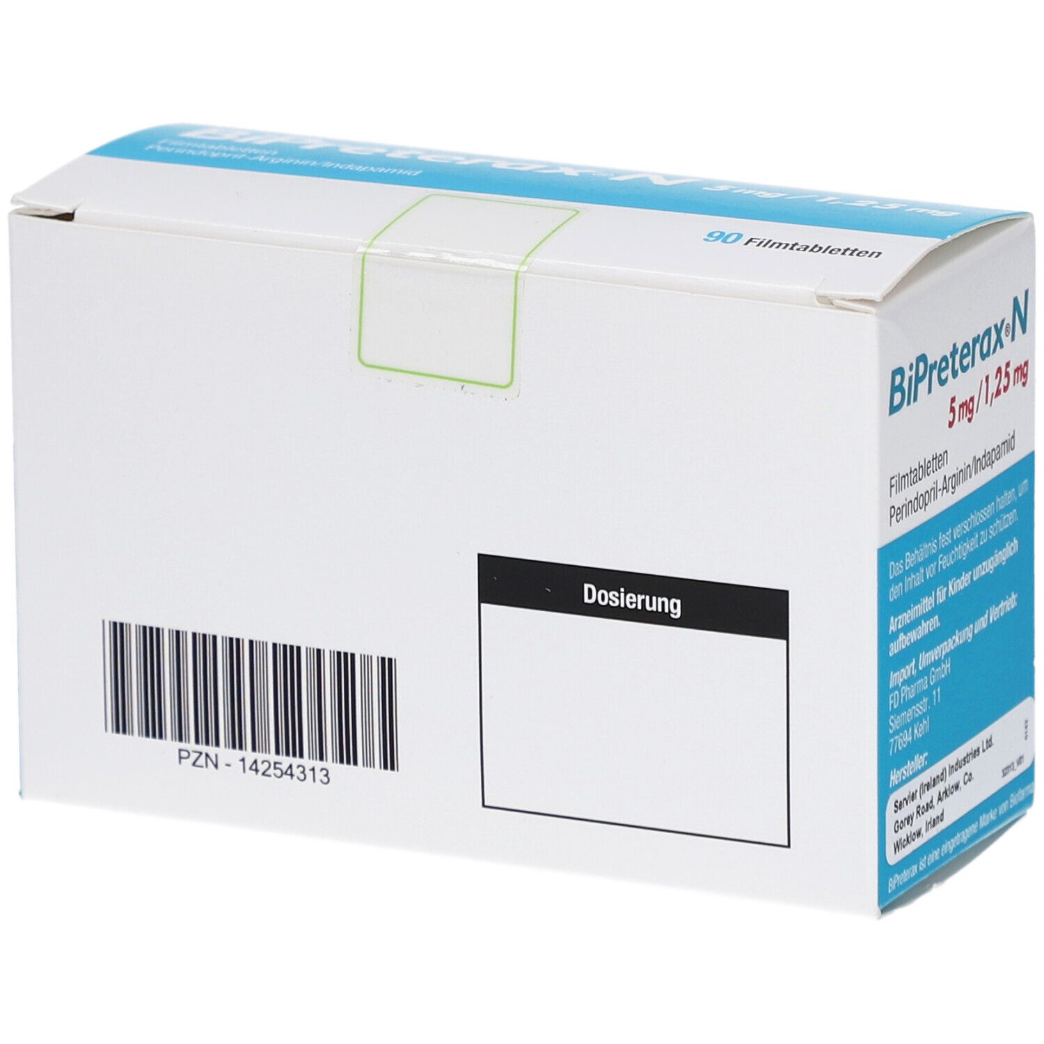 Rückseite der Schachtel mit Barcode und Dosierungshinweisen. Weiß mit blauen Akzenten.
