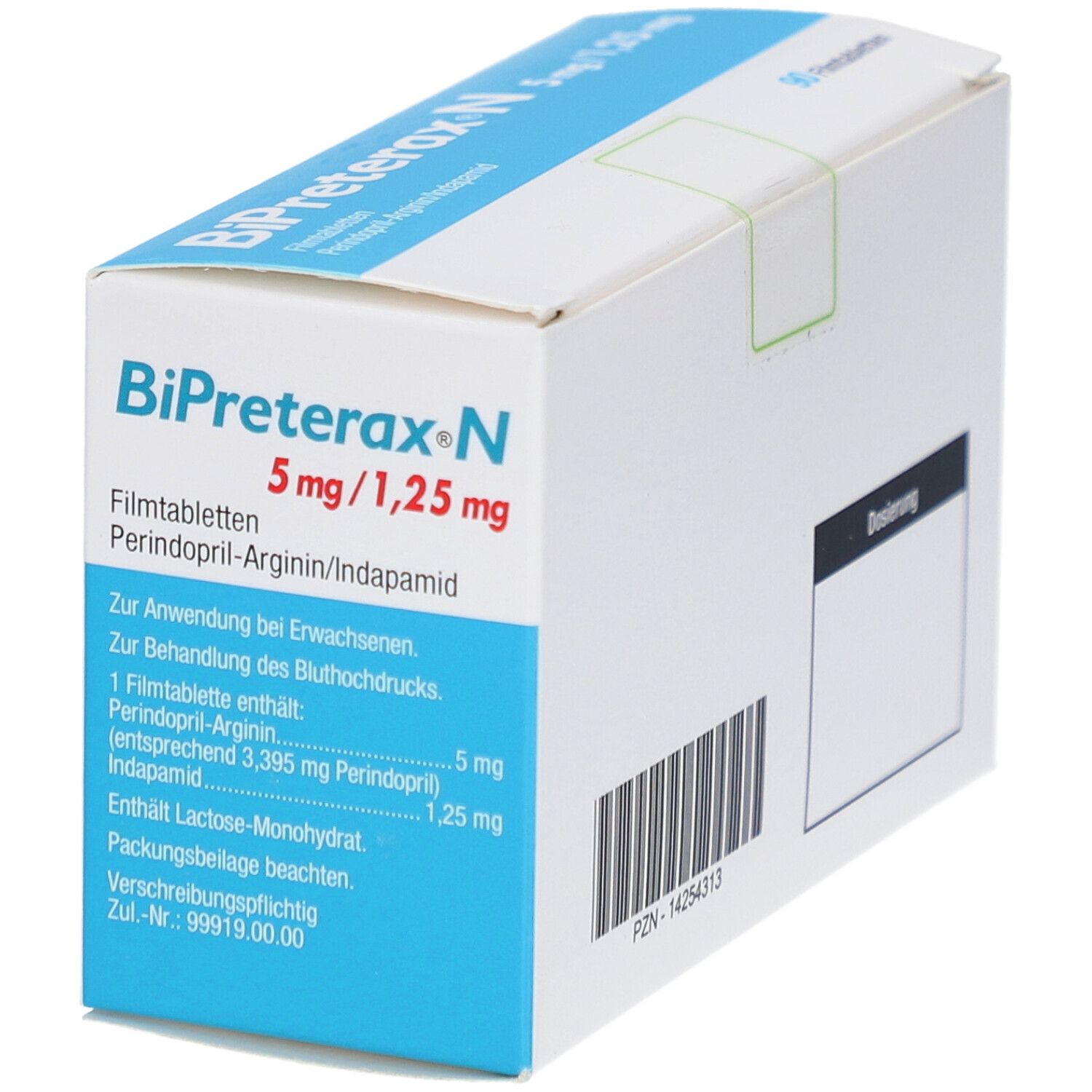 Schachtel BiPreterax N 5 mg/1,25 mg. Blaue und weiße Verpackung mit Produktinformationen und Dosierung.
