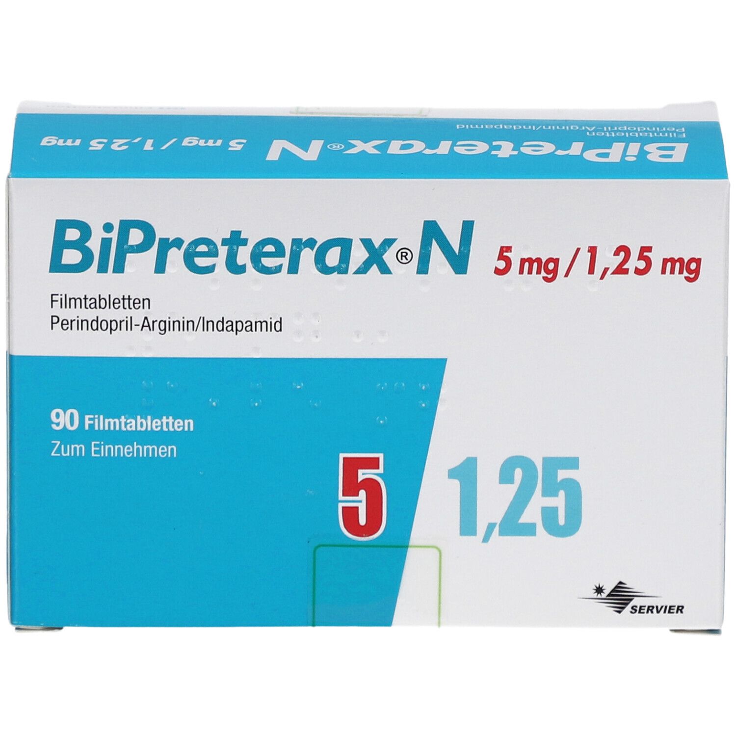 Schachtel BiPreterax N 5 mg/1,25 mg. Blaue und weiße Verpackung mit Produktnamen und Dosierung.