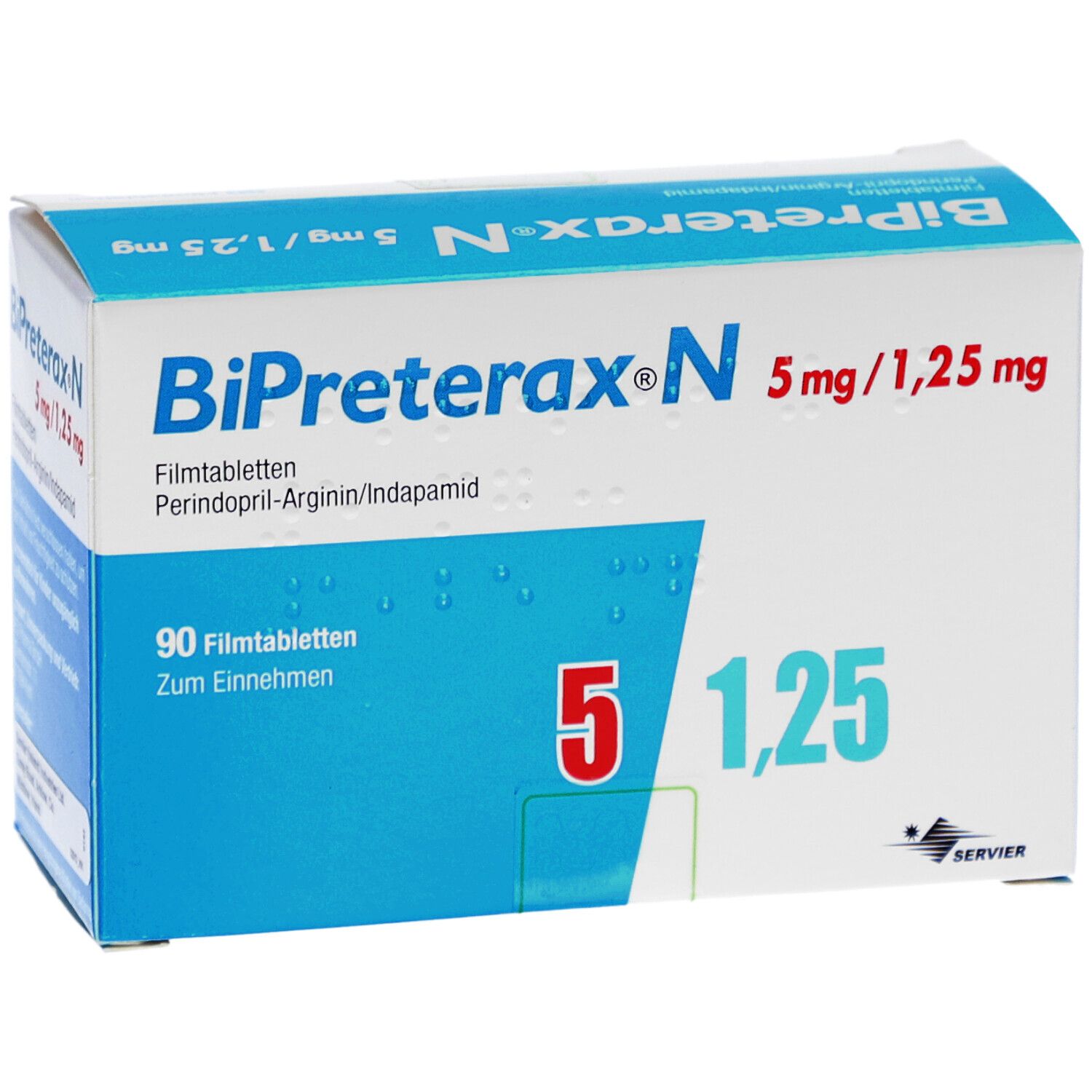 Schachtel BiPreterax N 5 mg/1,25 mg. Blaue und weiße Verpackung mit Produktnamen und Dosierung.