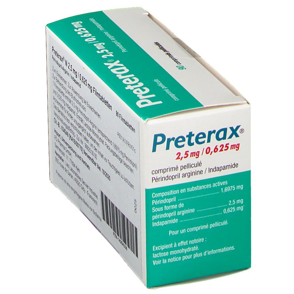 Schrägansicht der Preterax-Packung. Grün-weiße Schachtel mit Produktnamen und Dosierung. 90 Tabletten. Text auf Französisch.