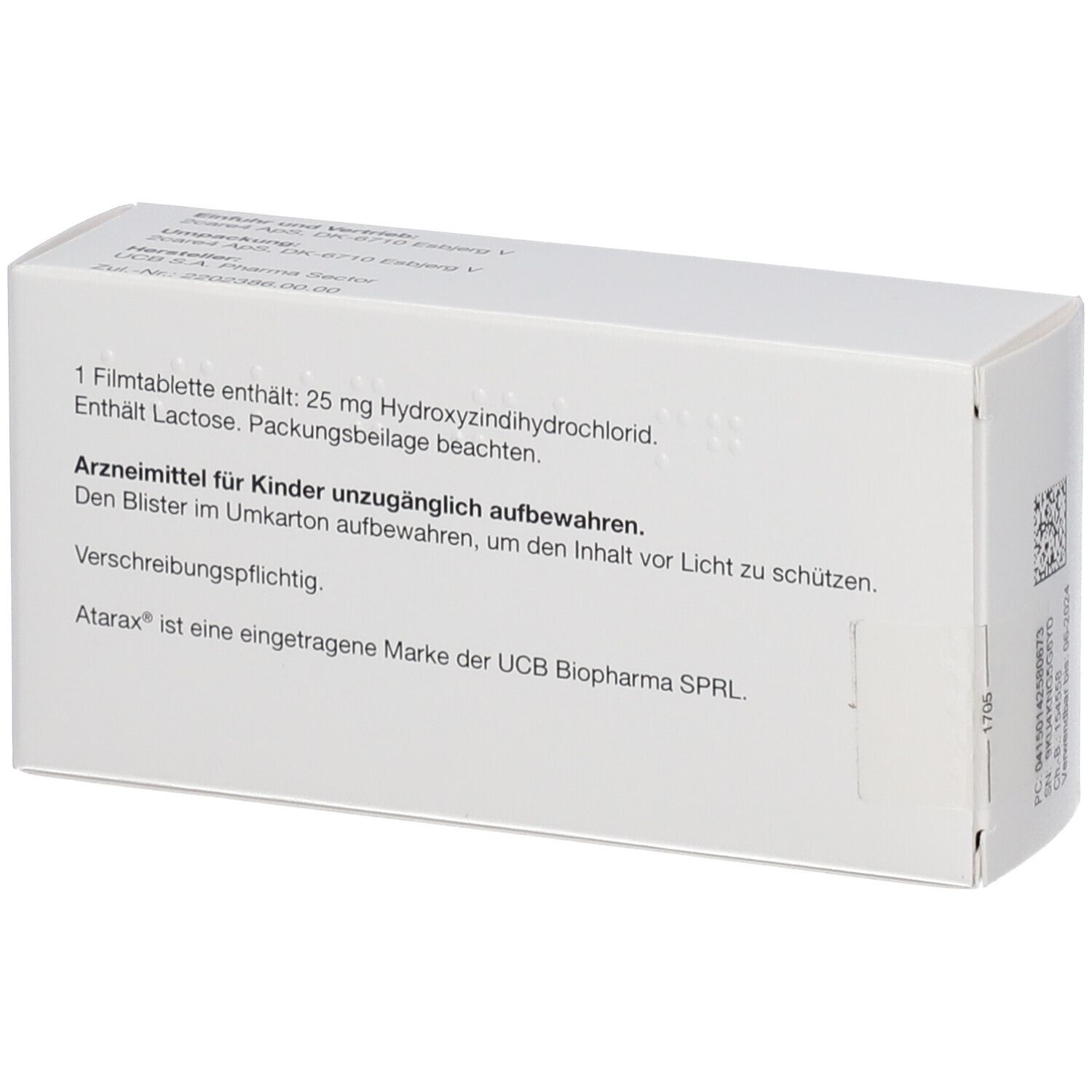 Weiße Schachtel mit Text. Beschriftung: 25 mg Hydroxyzin, Packungsbeilage beachten. Für Kinder unzugänglich aufbewahren.