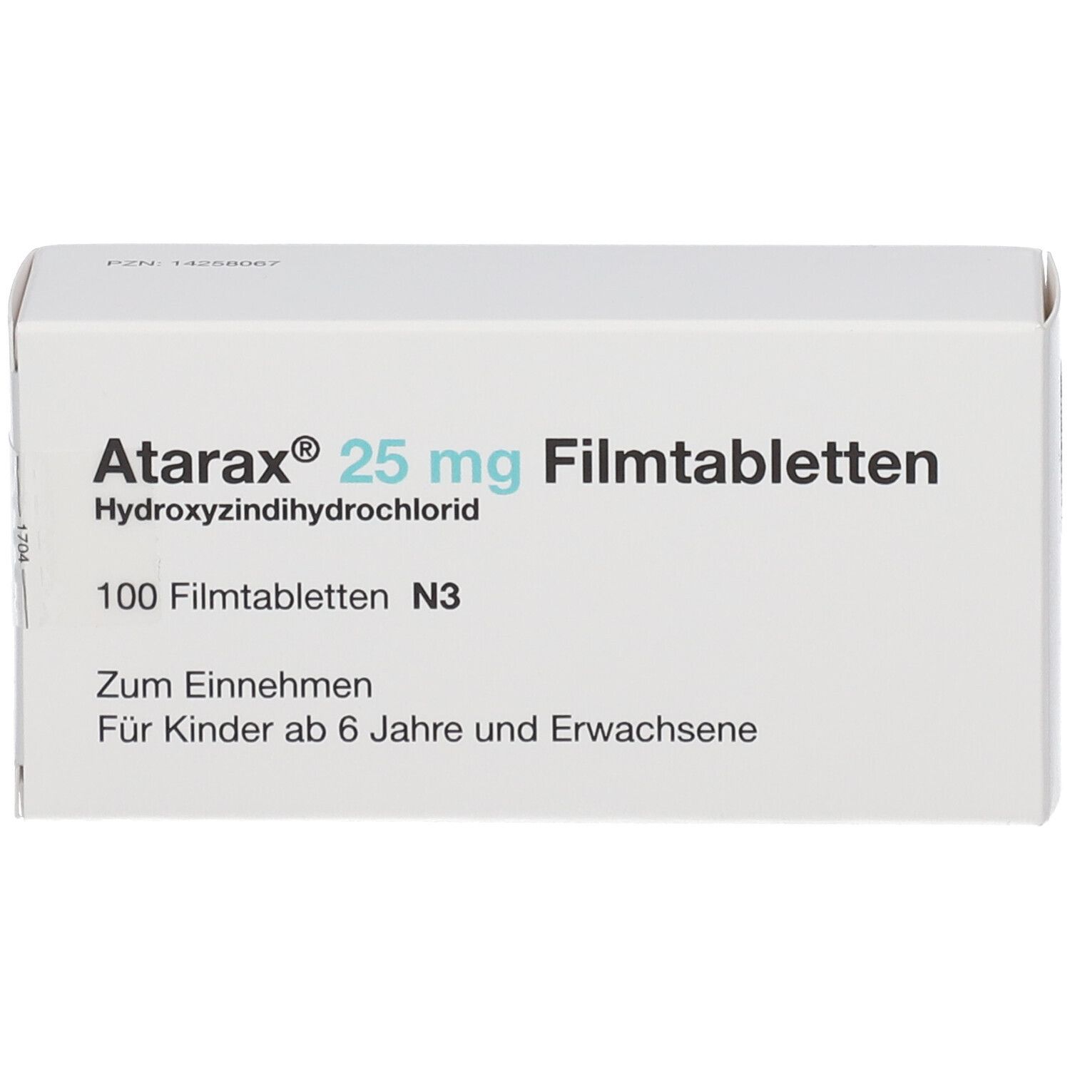 Weiße Schachtel mit blauer und schwarzer Schrift. Beschriftung: Atarax 25 mg Filmtabletten, 100 Filmtabletten.