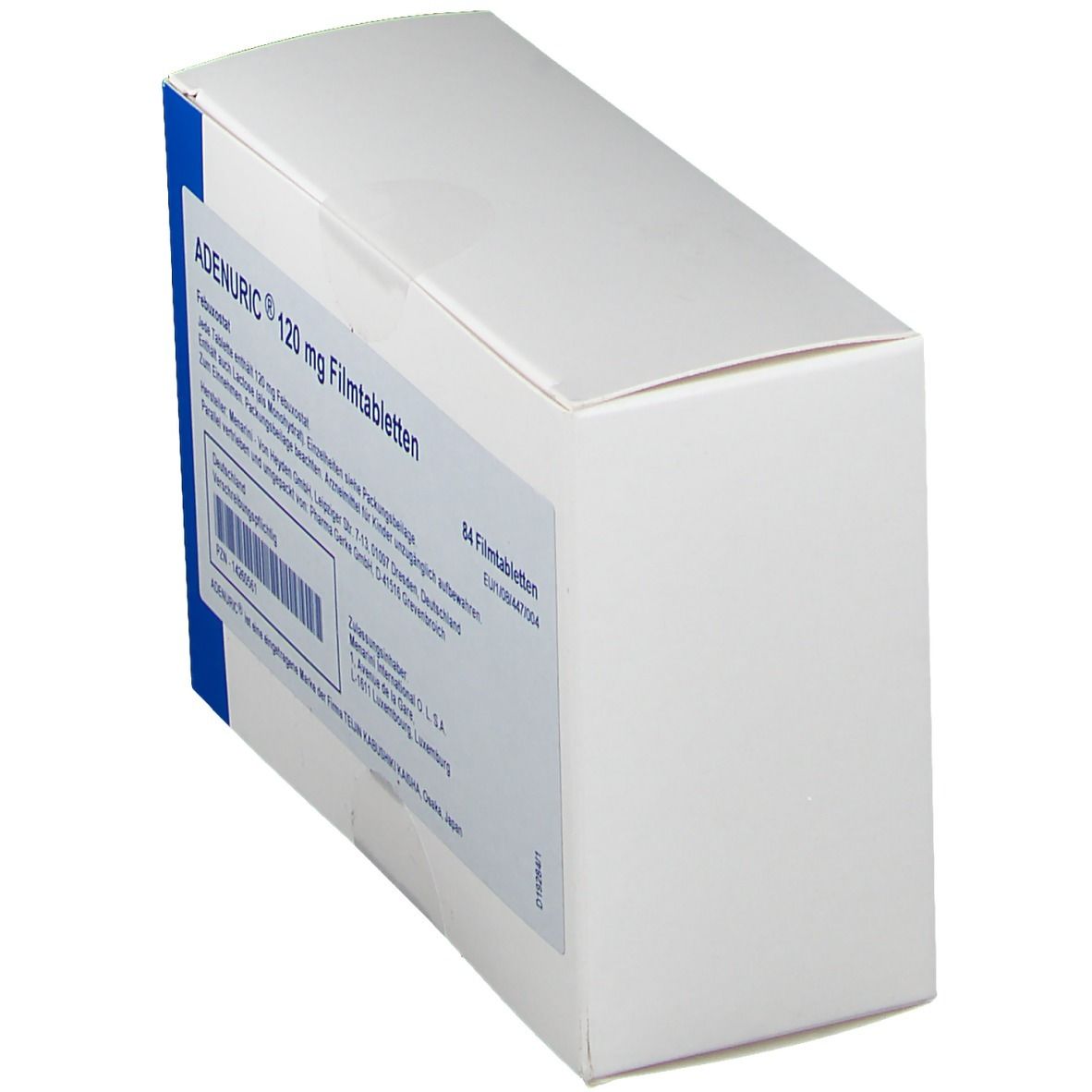 Weiße Schachtel mit blauer Ecke. Aufschrift: ADENURIC 120 mg Filmtabletten. Seitenansicht. Text in deutscher Sprache.