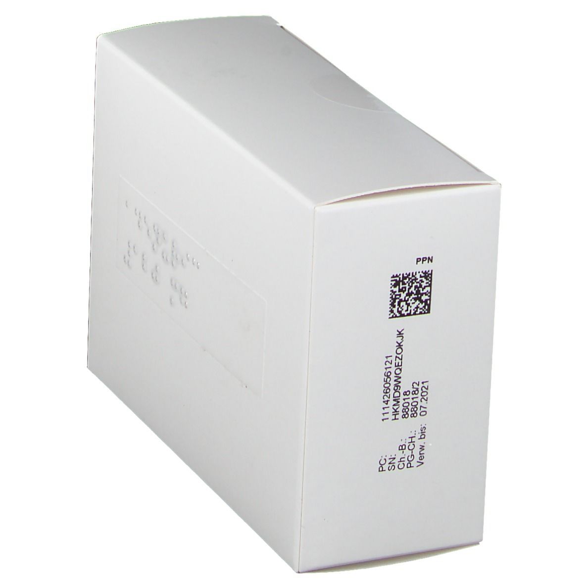 Weiße Schachtel, Seitenansicht. Barcode und Textinformationen. Keine Produktbezeichnung sichtbar.