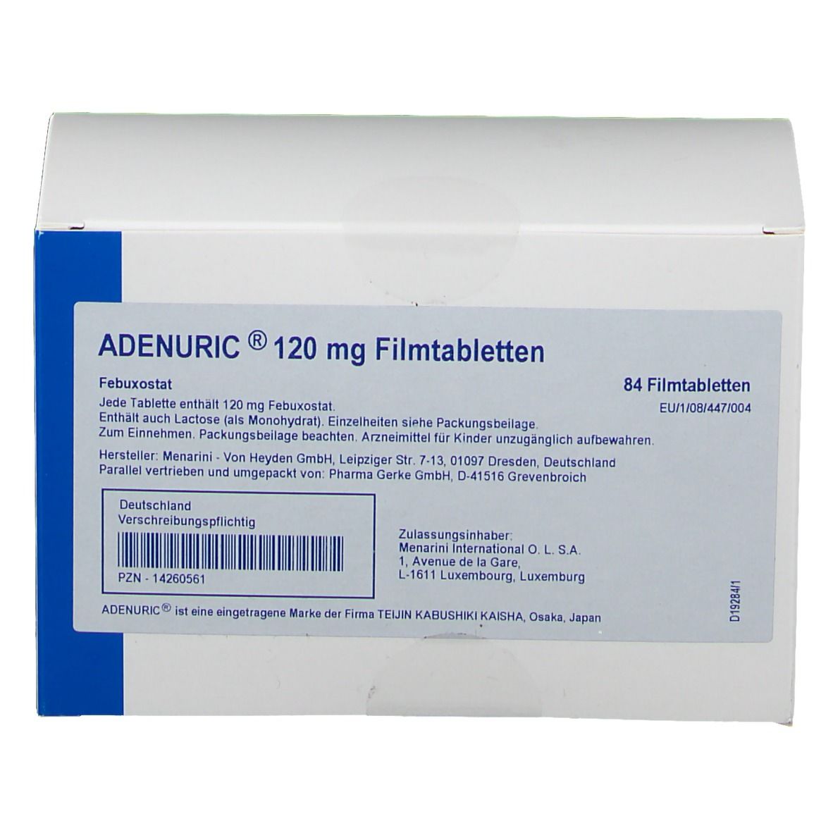 Weiße Schachtel mit blauer Ecke. Aufschrift: ADENURIC 120 mg Filmtabletten. Enthält 84 Tabletten. Text in deutscher Sprache.