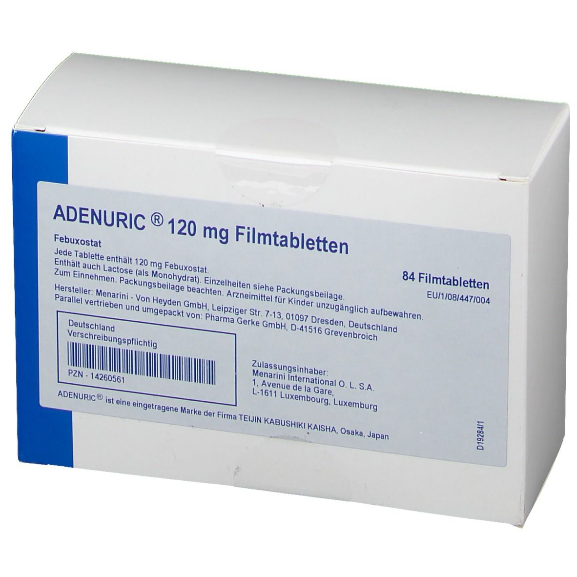 Weiße Schachtel mit blauer Ecke. Aufschrift: ADENURIC 120 mg Filmtabletten. Enthält 84 Tabletten. Text in deutscher Sprache.