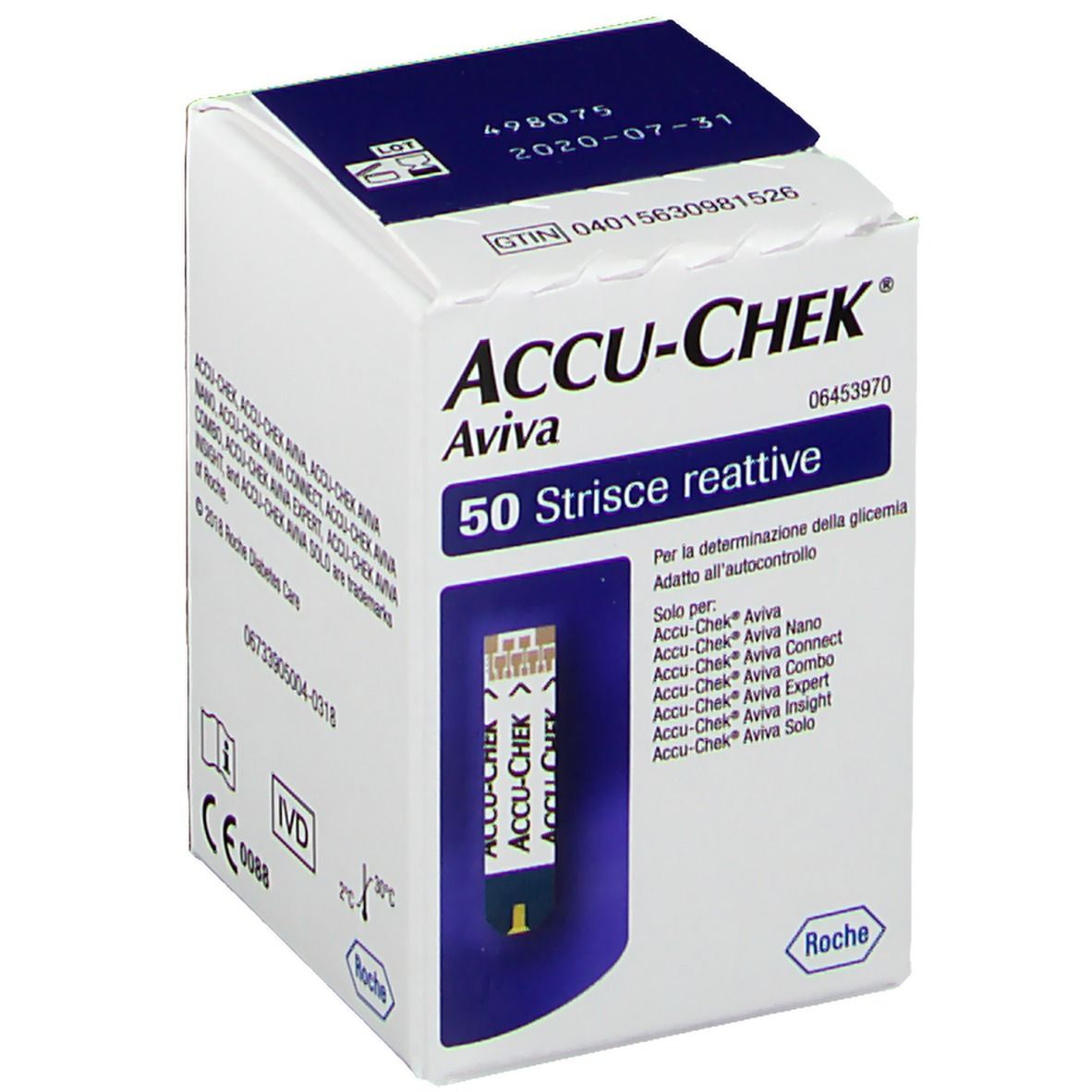 ACCU-CHEK Aviva Teststreifen-Packung. 50 Teststreifen. Aufschrift: 50 Strisce reattive. Mit Roche-Logo.