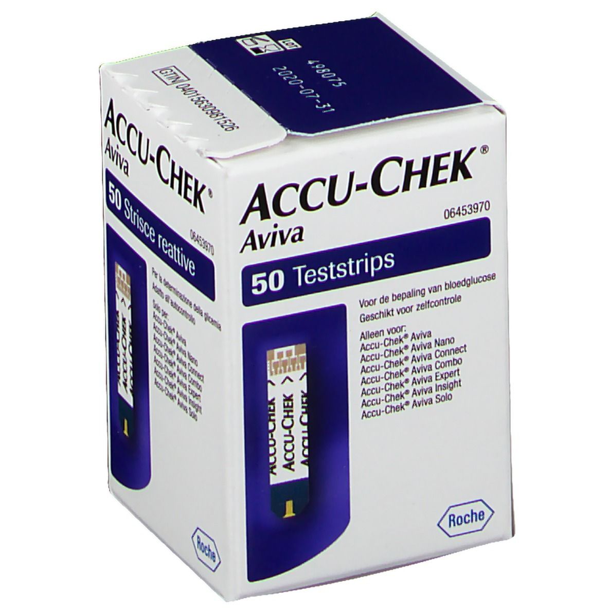 ACCU-CHEK Aviva Teststreifen-Packung. 50 Teststreifen. Aufschrift: 50 Teststrips. Mit Roche-Logo.