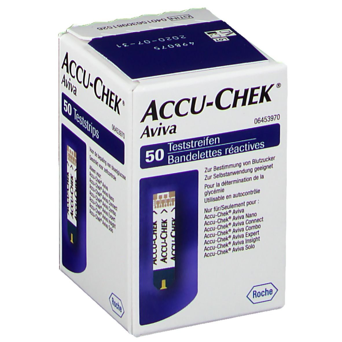 ACCU-CHEK Aviva Teststreifen-Packung. 50 Teststreifen. Aufschrift: 50 Teststreifen. Mit Roche-Logo.